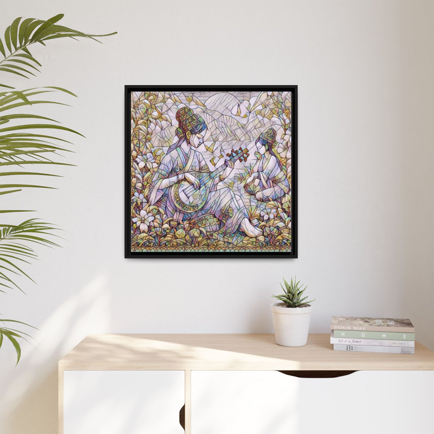 Framed Matte Canvas Art - Vintage Asian Musicians Floral Illustration