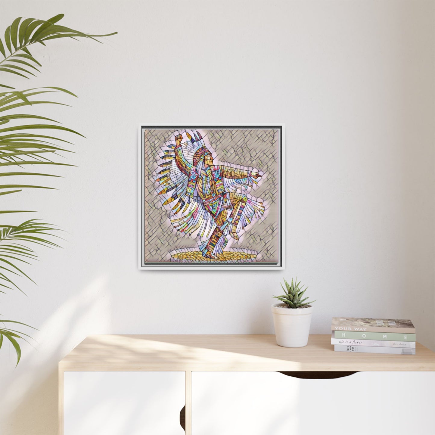 Colorful Native Dancer Framed Canvas Art — Stained Glass Style Wall Decor