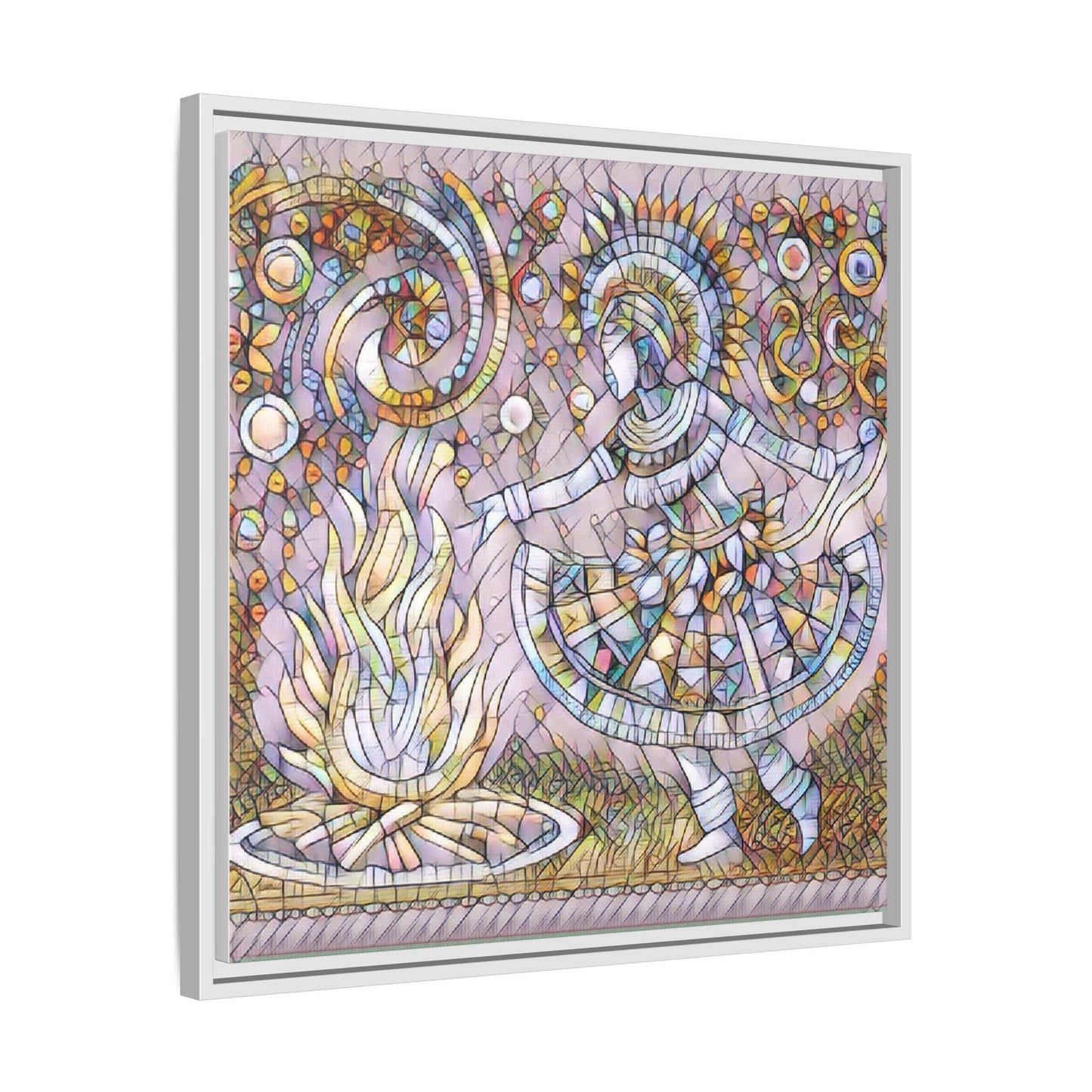 Bohemian Fire Dancer Framed Canvas Art — Colorful Folk Mosaic Wall Decor