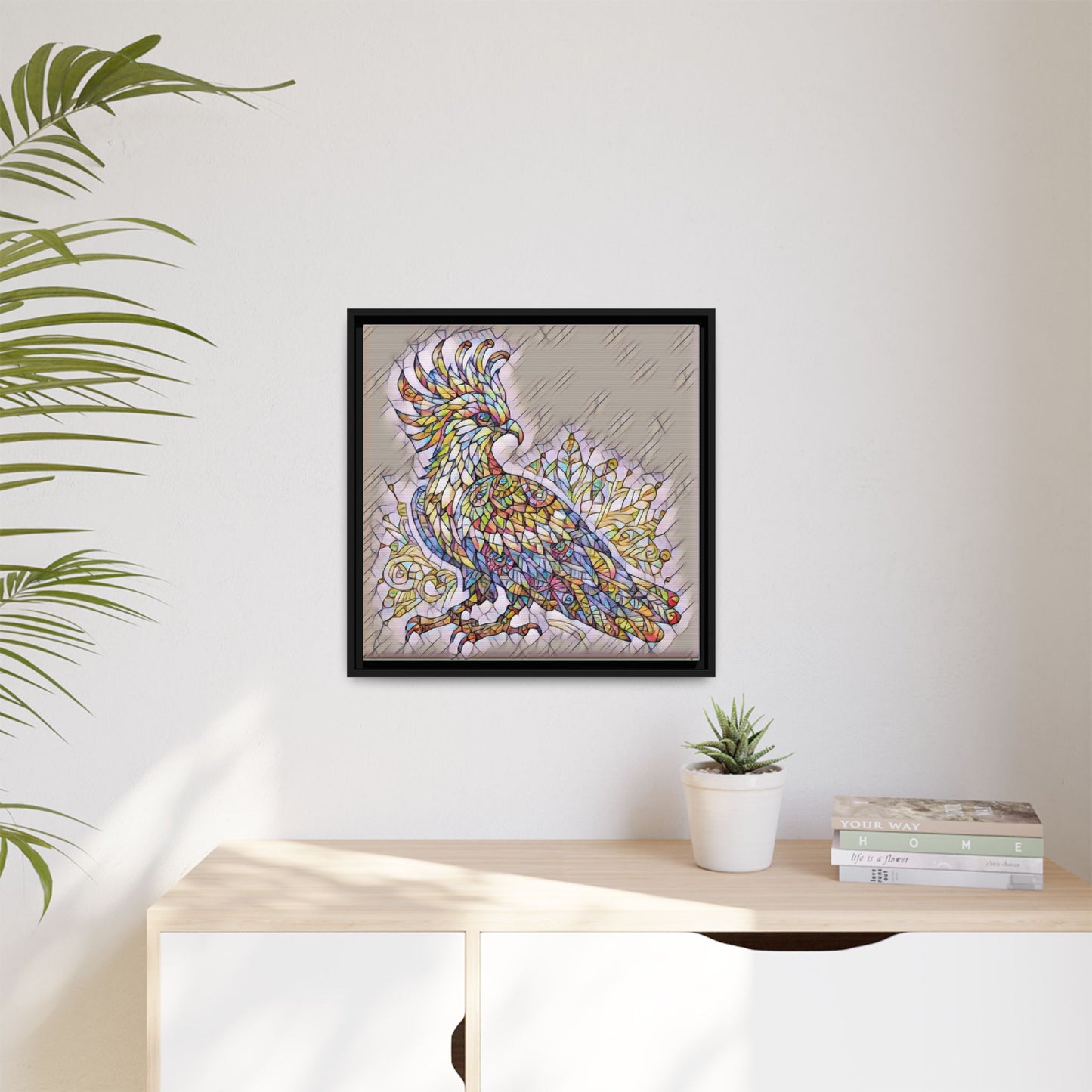 Colorful Stained-Glass Cockatoo Matte Framed Canvas