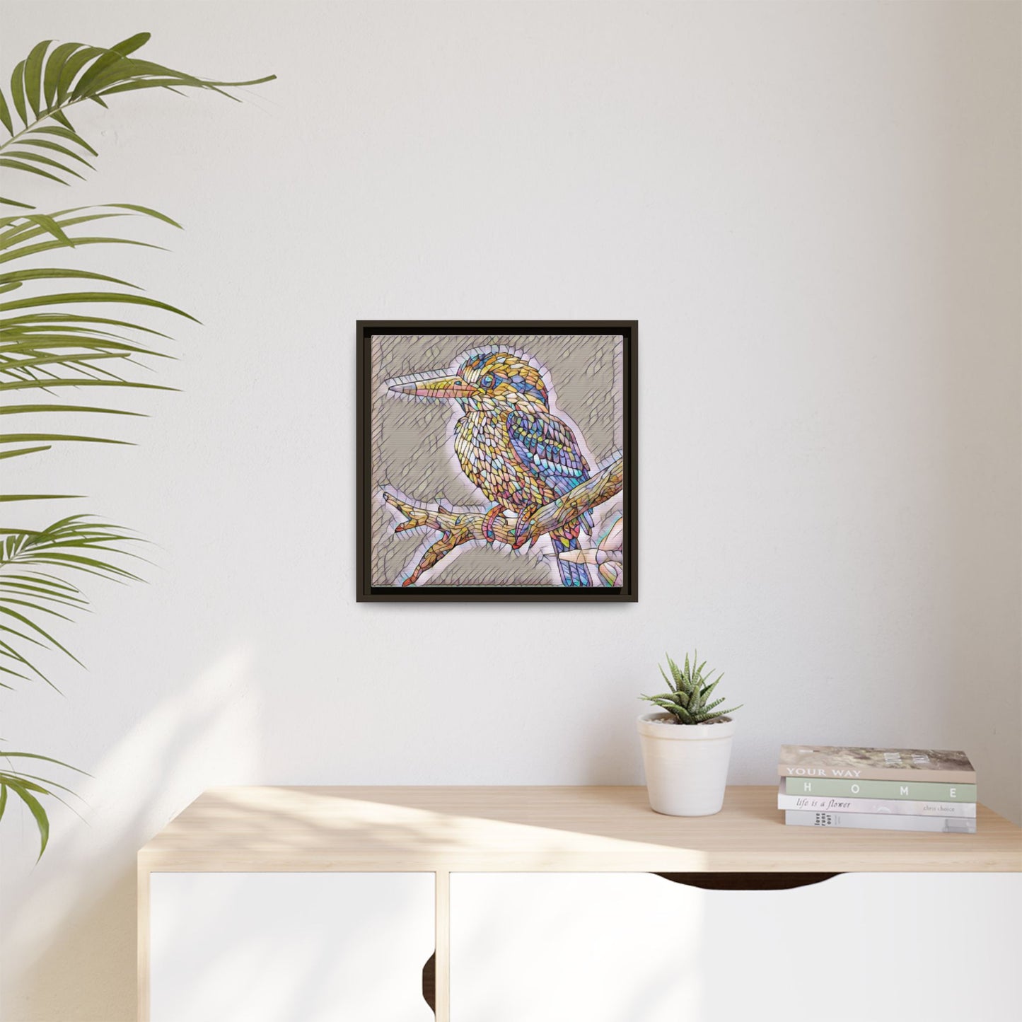 Colorful Kingfisher Framed Canvas Wall Art — Stained-Glass Style Bird Print