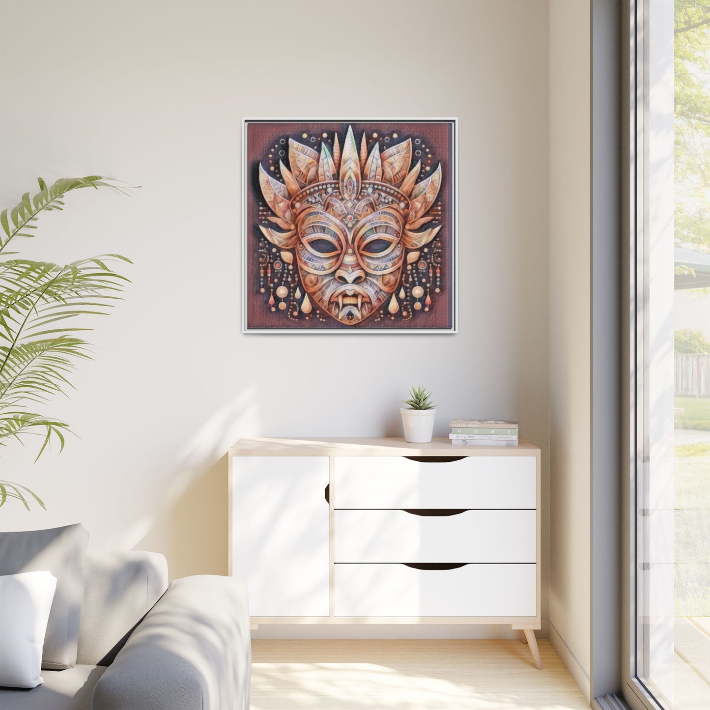 Tribal Sun Mask Framed Canvas Art — Boho Ethnic Wall Decor