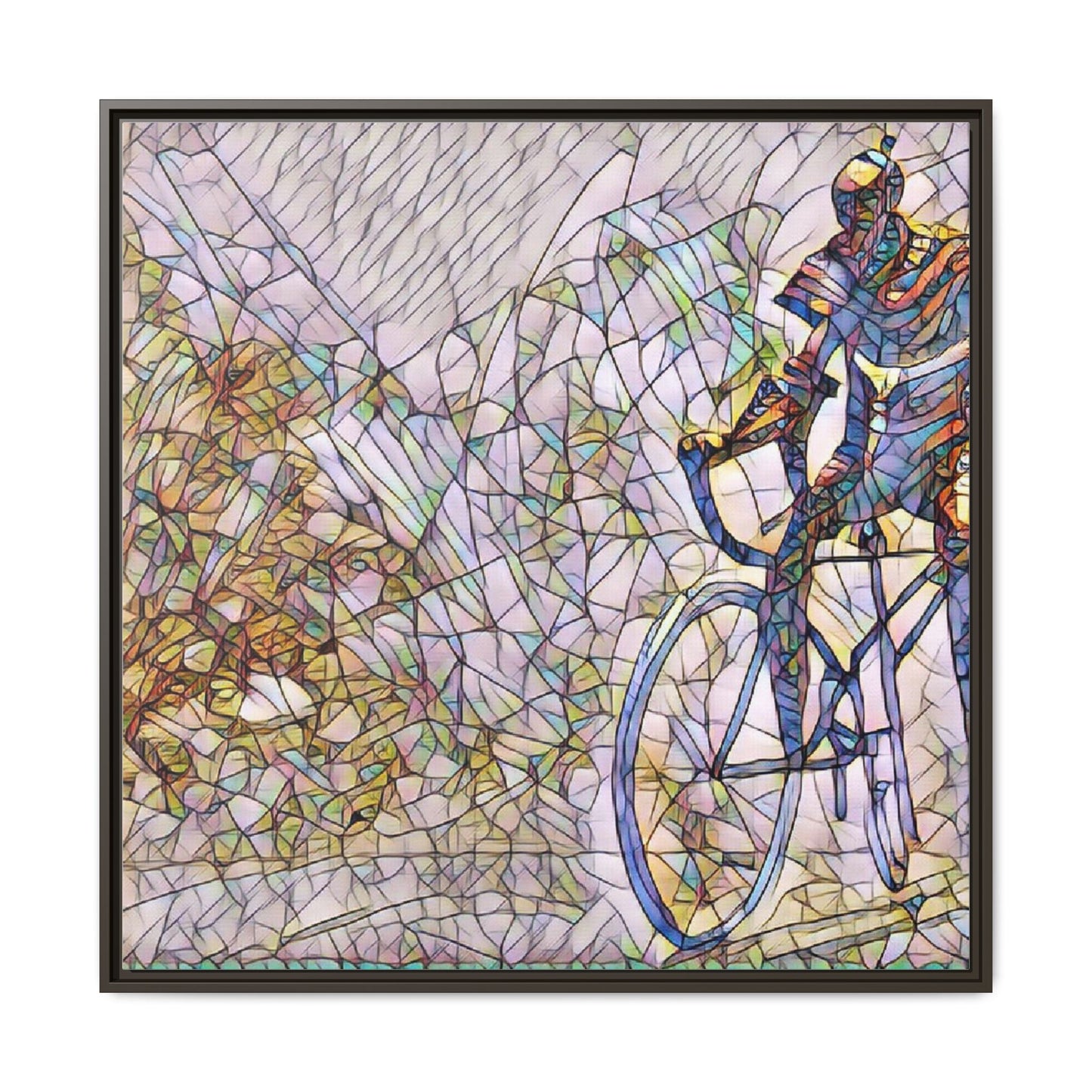 Colorful Cyclist Stained-Glass Art — Framed Matte Canvas