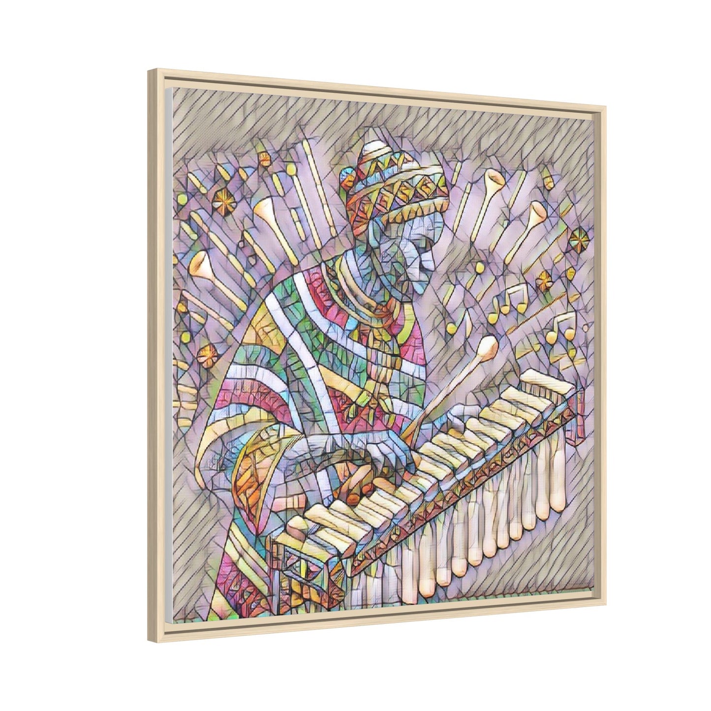 Colorful Marimba Musician Matte Framed Canvas — Vibrant African Instrument Wall Art