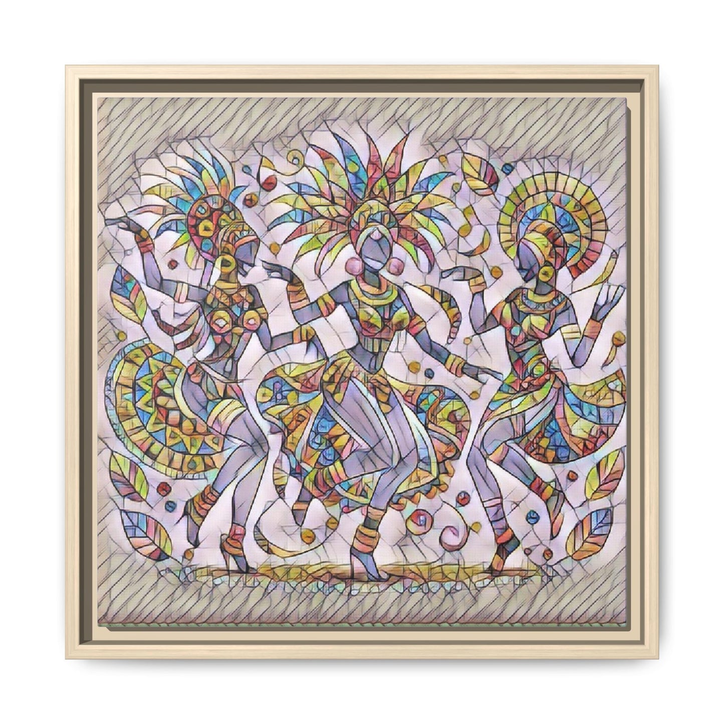 Colorful Carnival Dancers Framed Canvas Art — Multicolor Tribal Celebration Print