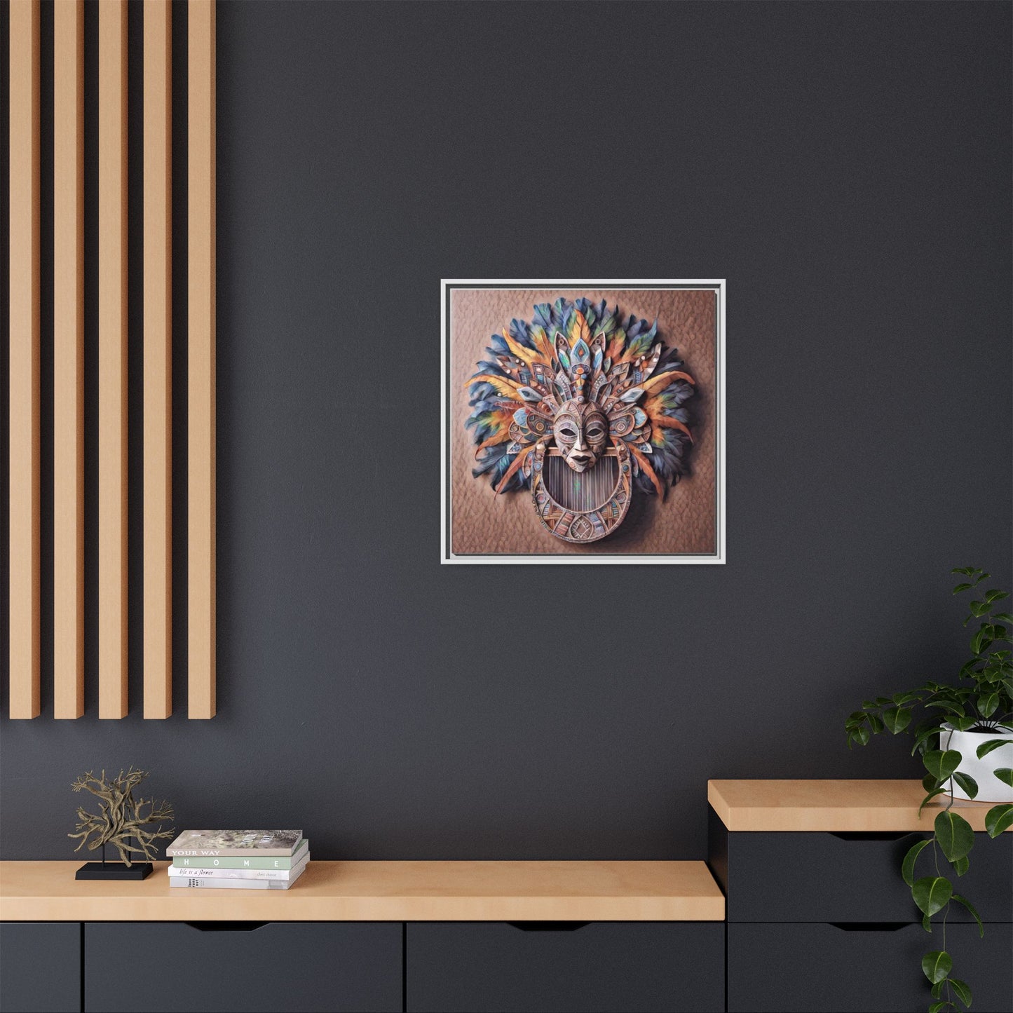 Tribal Feather Mask Framed Canvas Wall Art — Colorful Boho Decorative Print