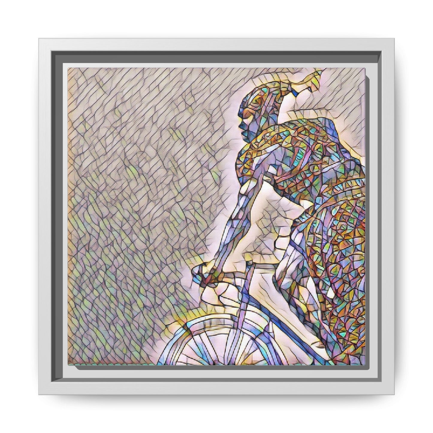 Cyclist Mosaic Matte Canvas Print — Framed Multicolor Bike Art