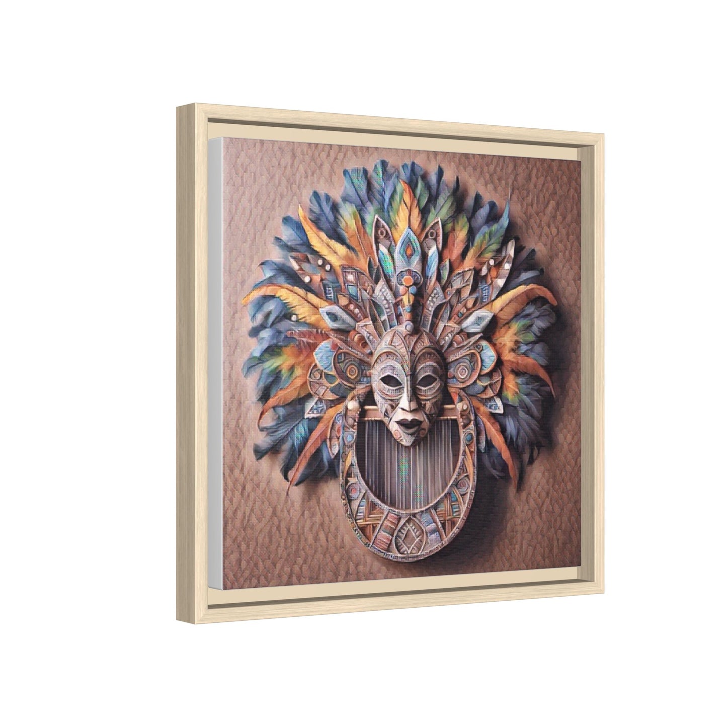 Tribal Feather Mask Framed Canvas Wall Art — Colorful Boho Decorative Print