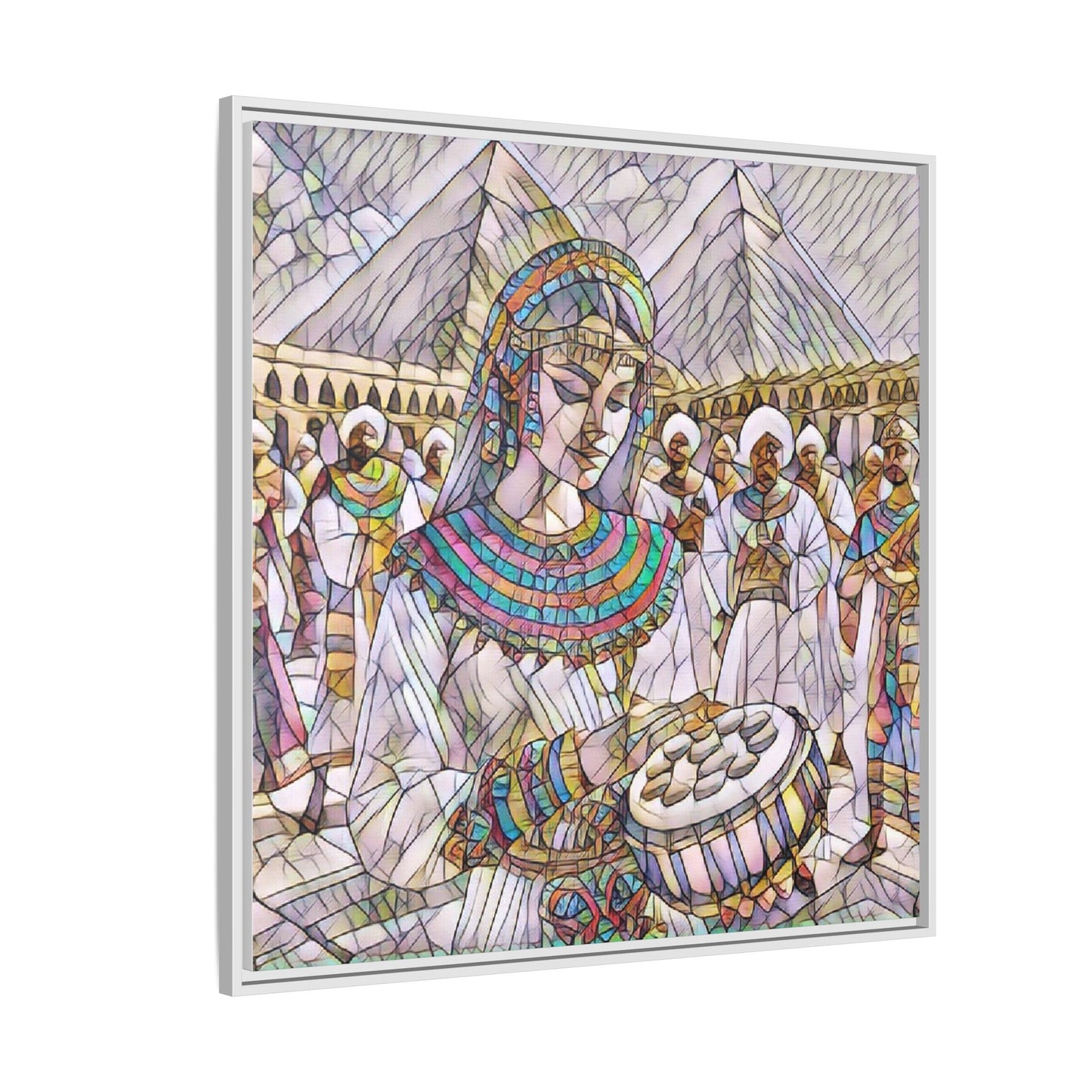 Egyptian Drum Player Framed Canvas Art — Colorful Ancient Scene Wall Decor