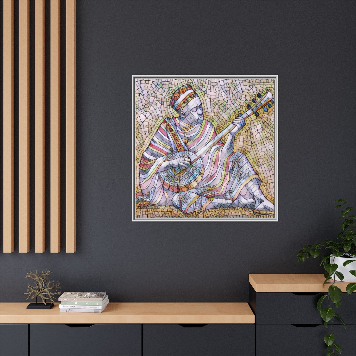 Framed Mosaic Musician Canvas – Colorful Bohemian Wall Art