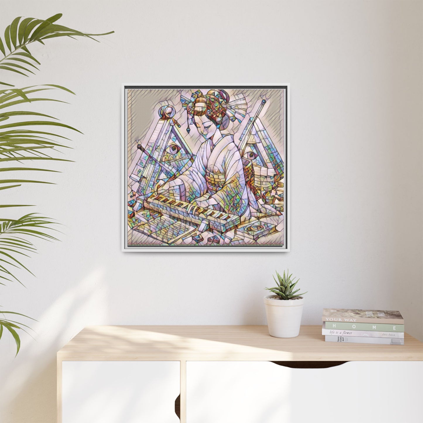 Framed Matte Canvas: Stained-Glass Geisha Wall Art