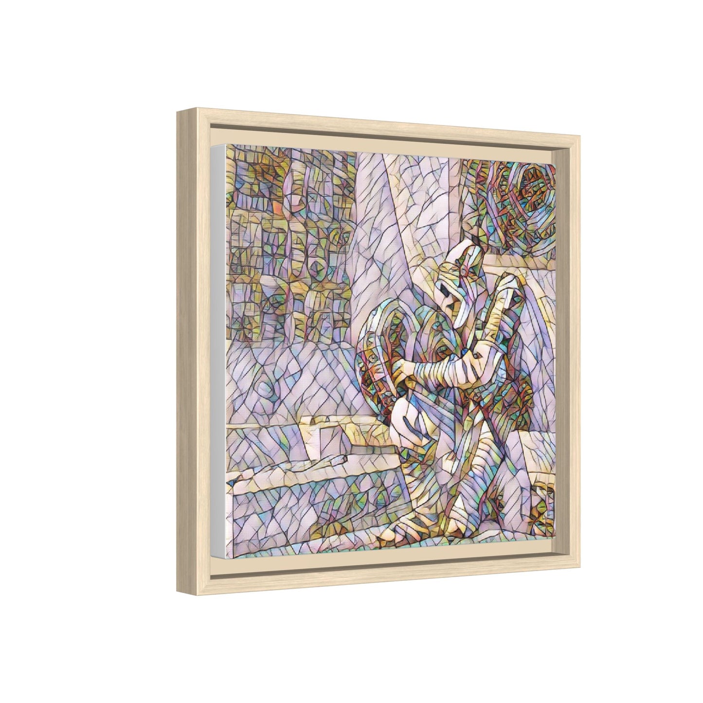 Framed Matte Canvas Art — Colorful Stained-Glass Astronaut Embrace