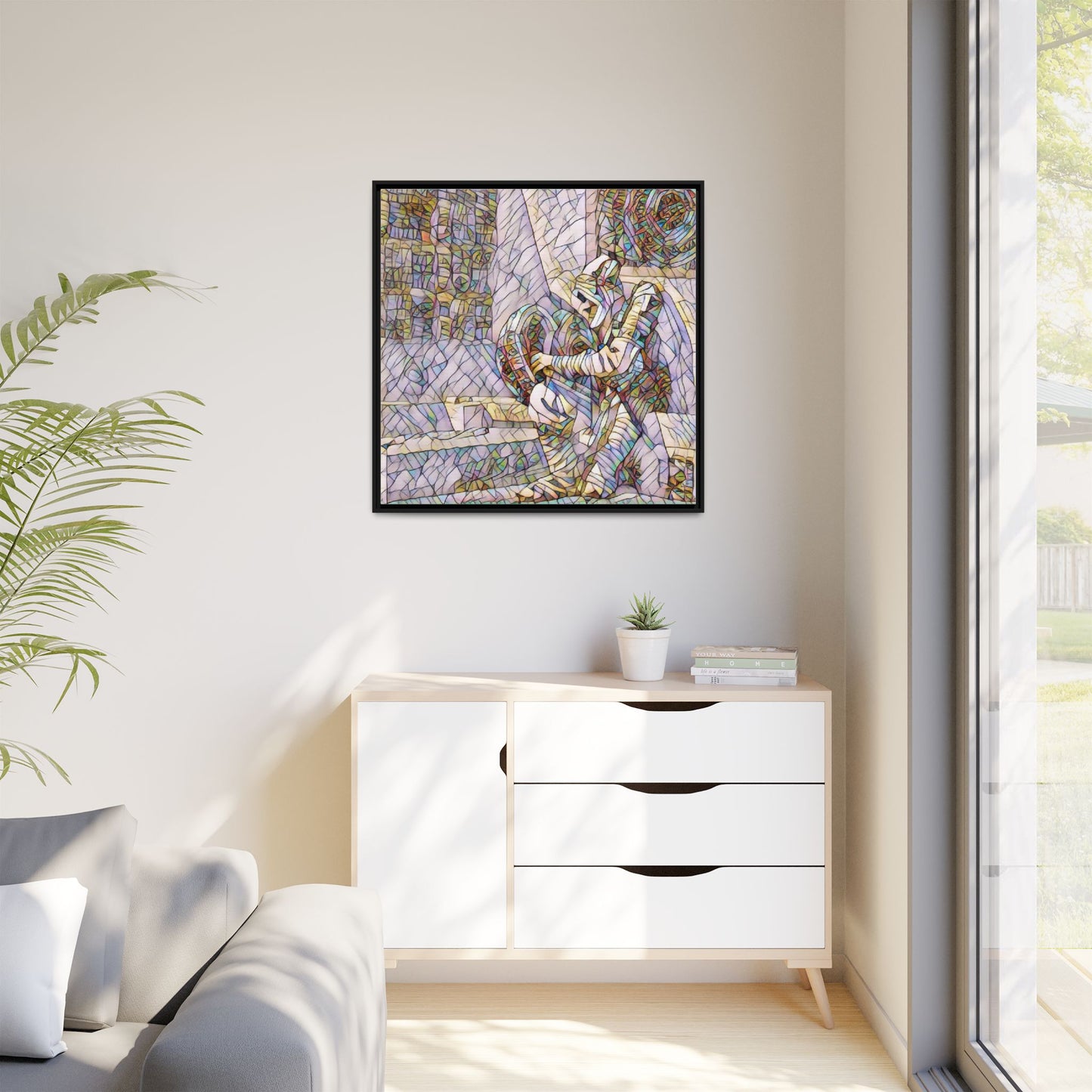Framed Matte Canvas Art — Colorful Stained-Glass Astronaut Embrace