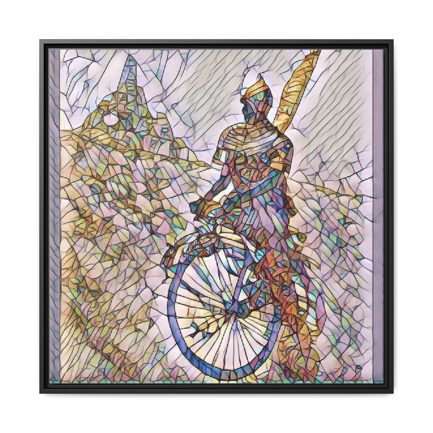 Cyclist Stained Glass Art Print — Framed Matte Canvas