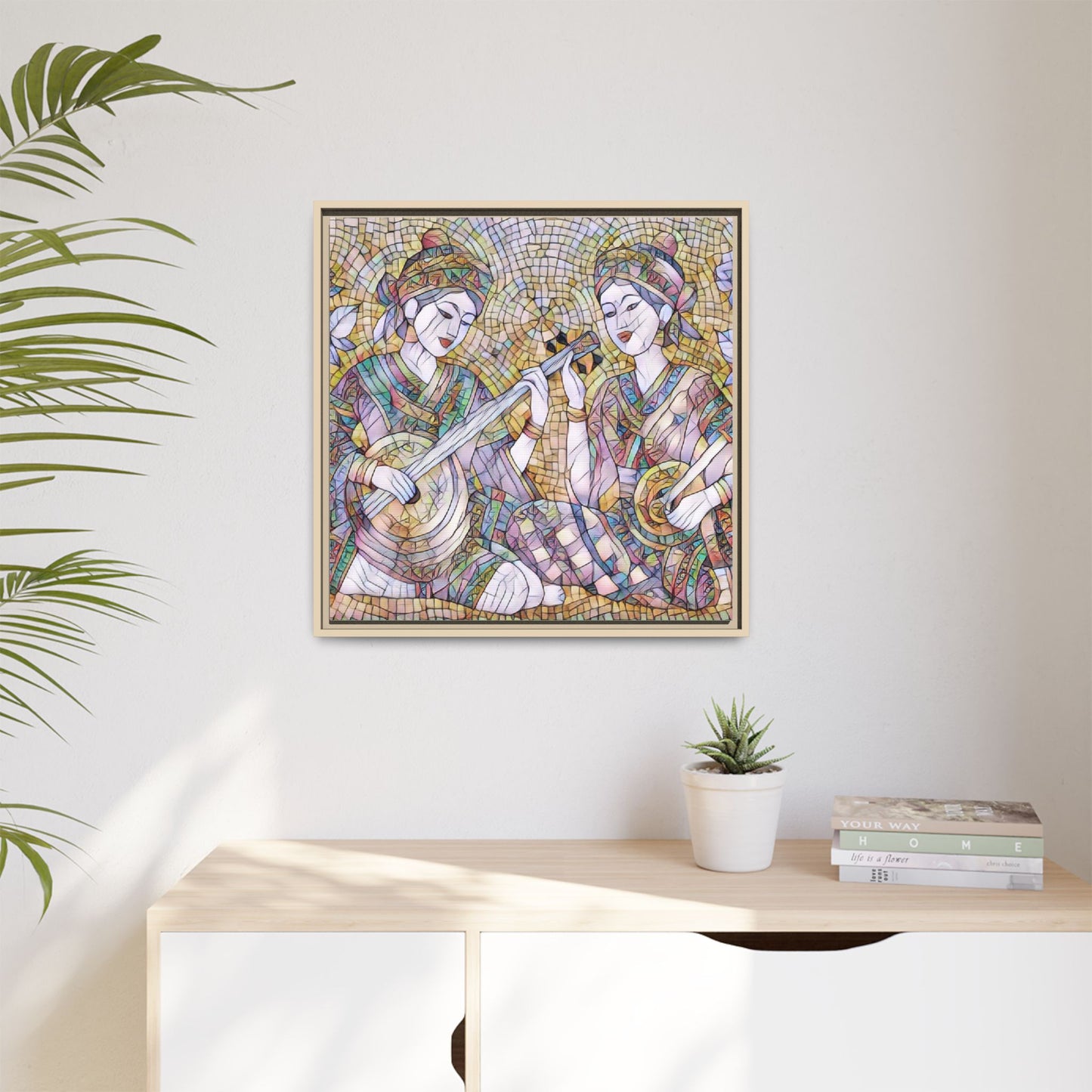 Framed Mosaic Musician Canvas Art — Ethnic Duo Wall Decor