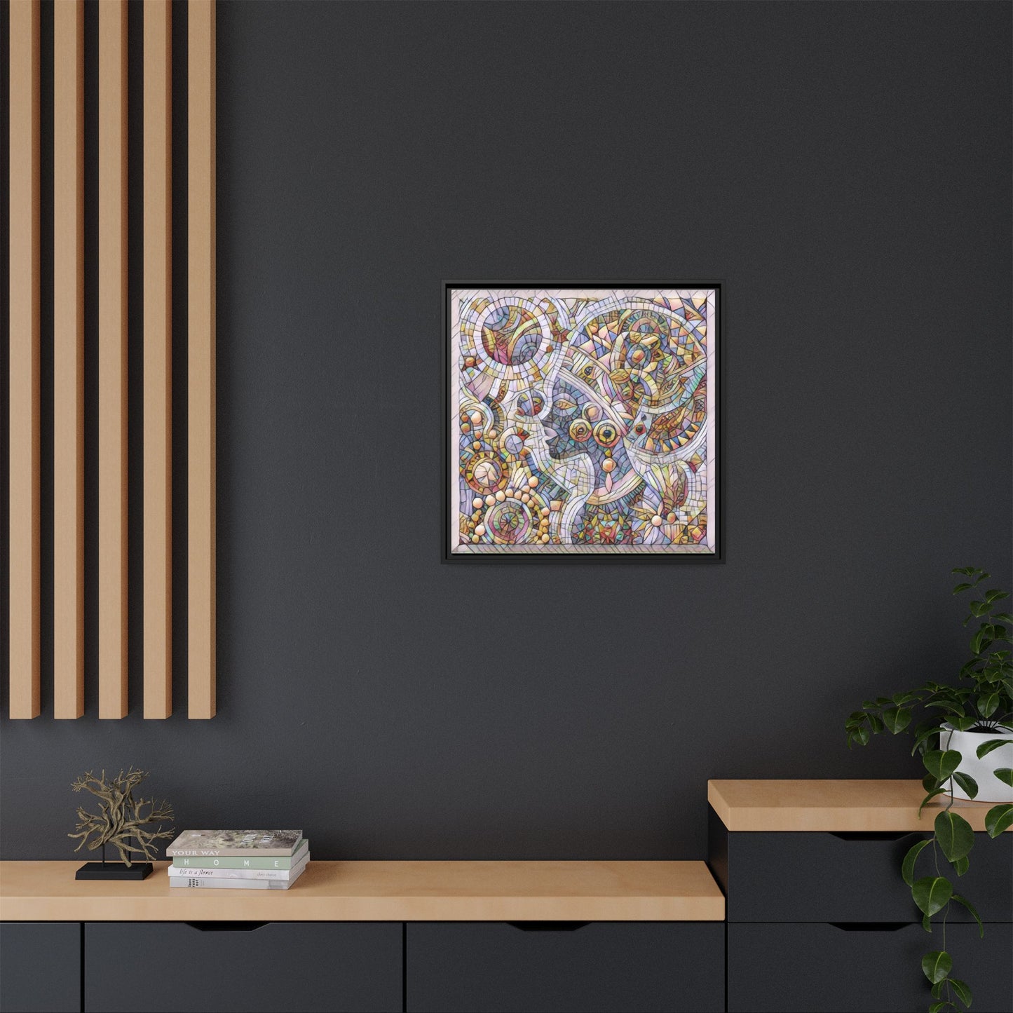 Abstract Mosaic Framed Canvas Art — Multicolor Geometric Wall Decor