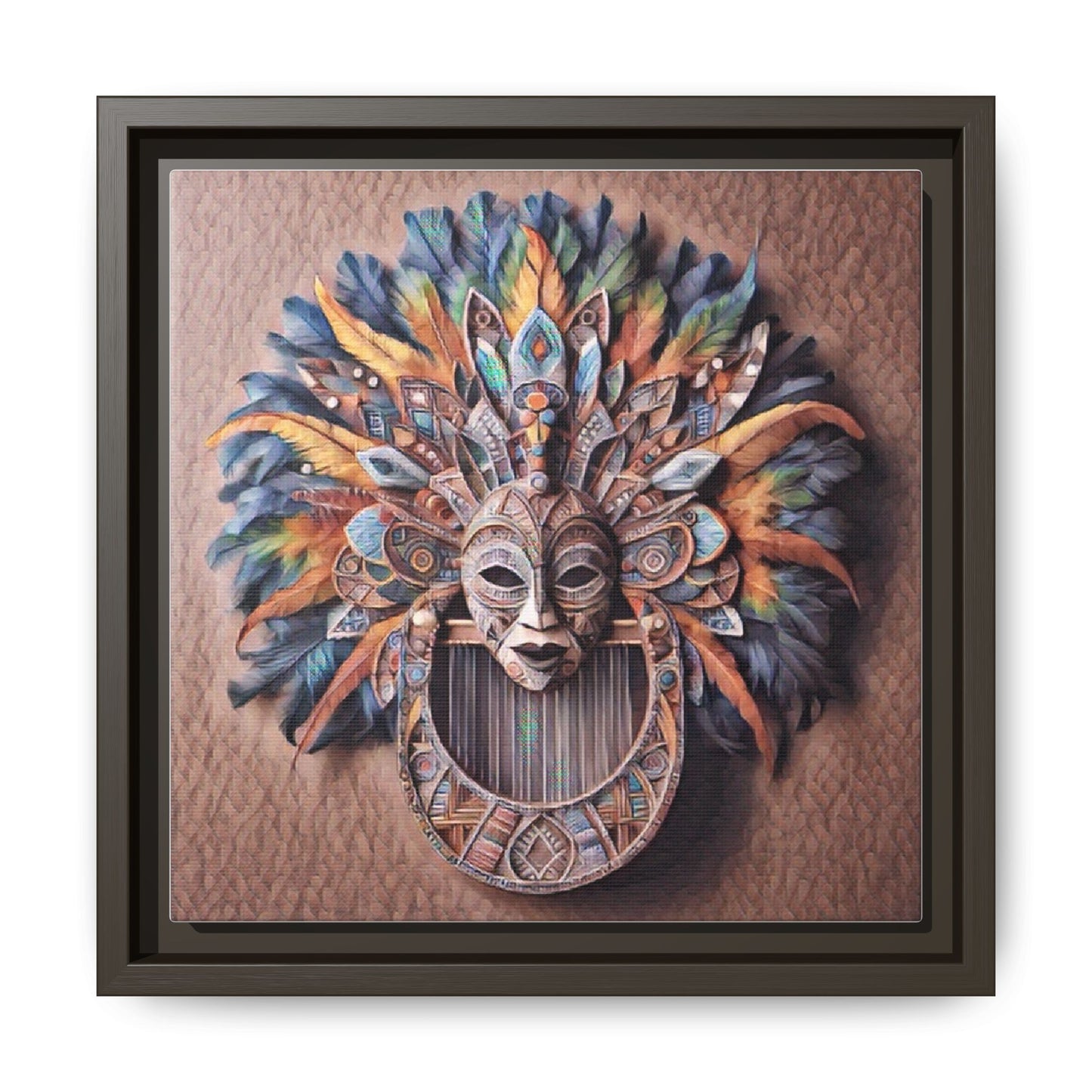 Tribal Feather Mask Framed Canvas Wall Art — Colorful Boho Decorative Print