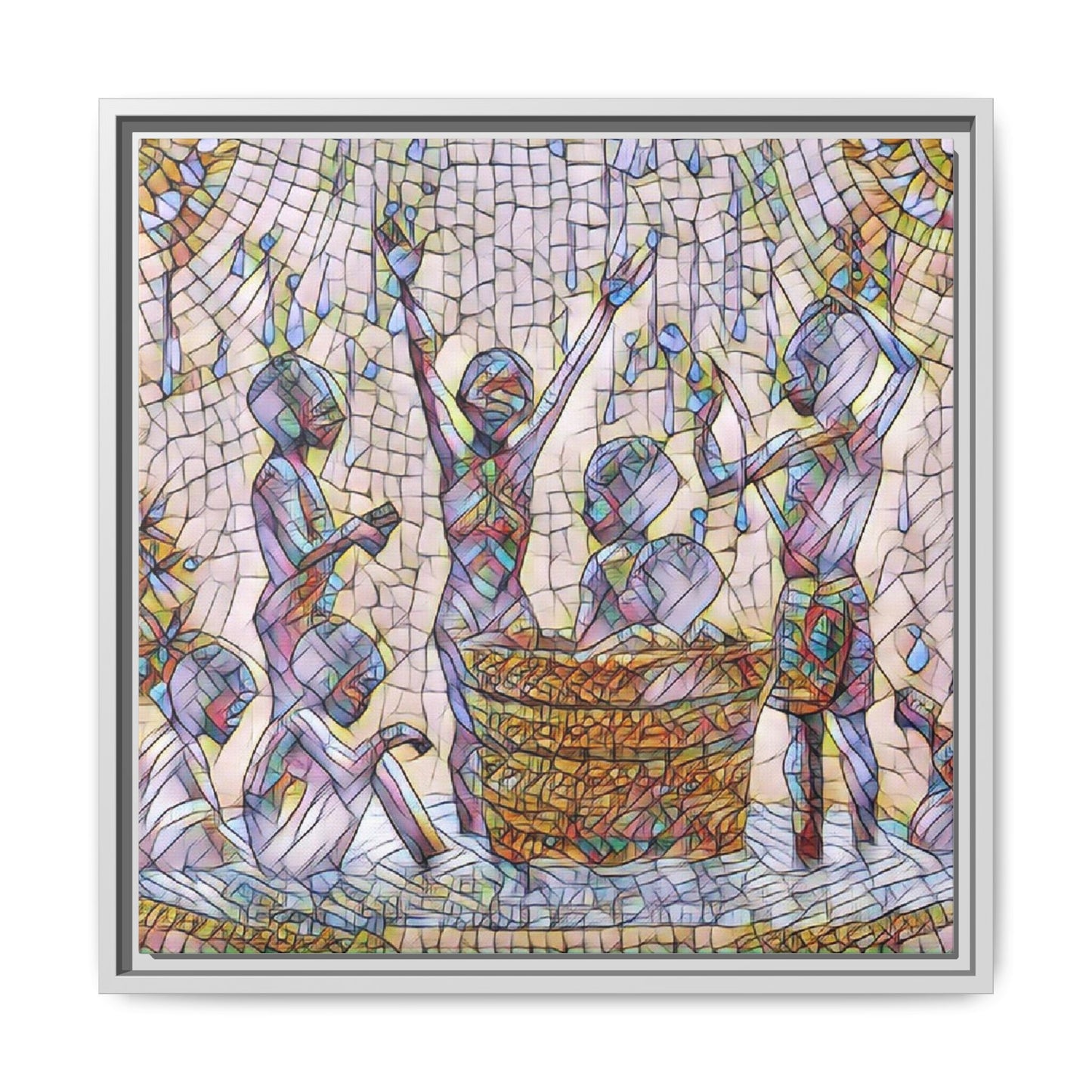 Framed Matte Canvas Art — Children Playing Mosaic Illustration