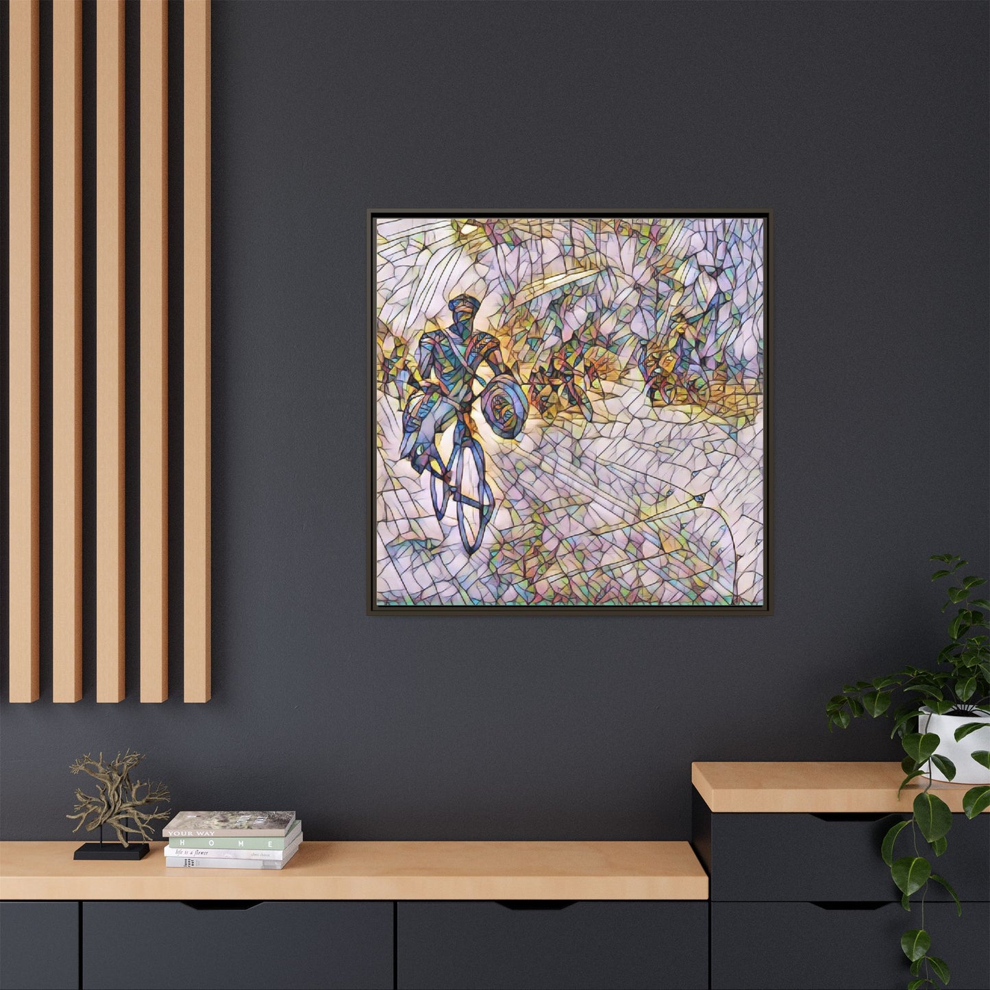 Cyclist Mosaic Matte Canvas Framed Wall Art — Colorful Biking Scene