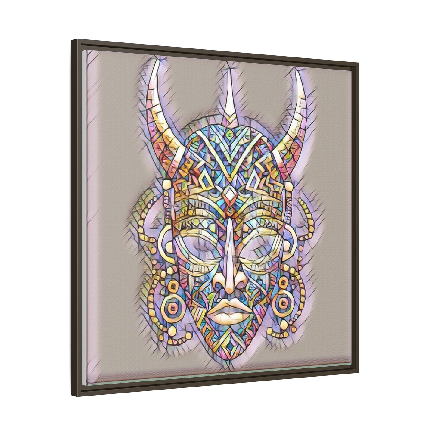 Colorful Tribal Mask Framed Canvas Art — Abstract Ethnic Wall Decor