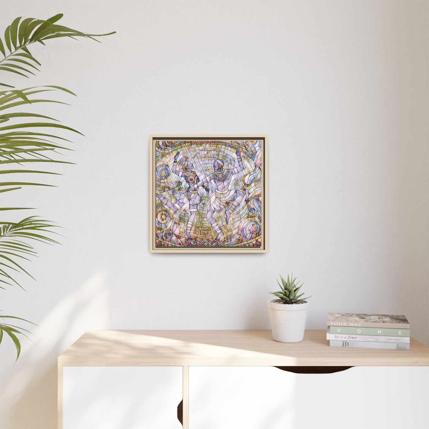 Abstract Dancers Matte Framed Canvas Wall Art — Multi‑Color Stained Glass Style