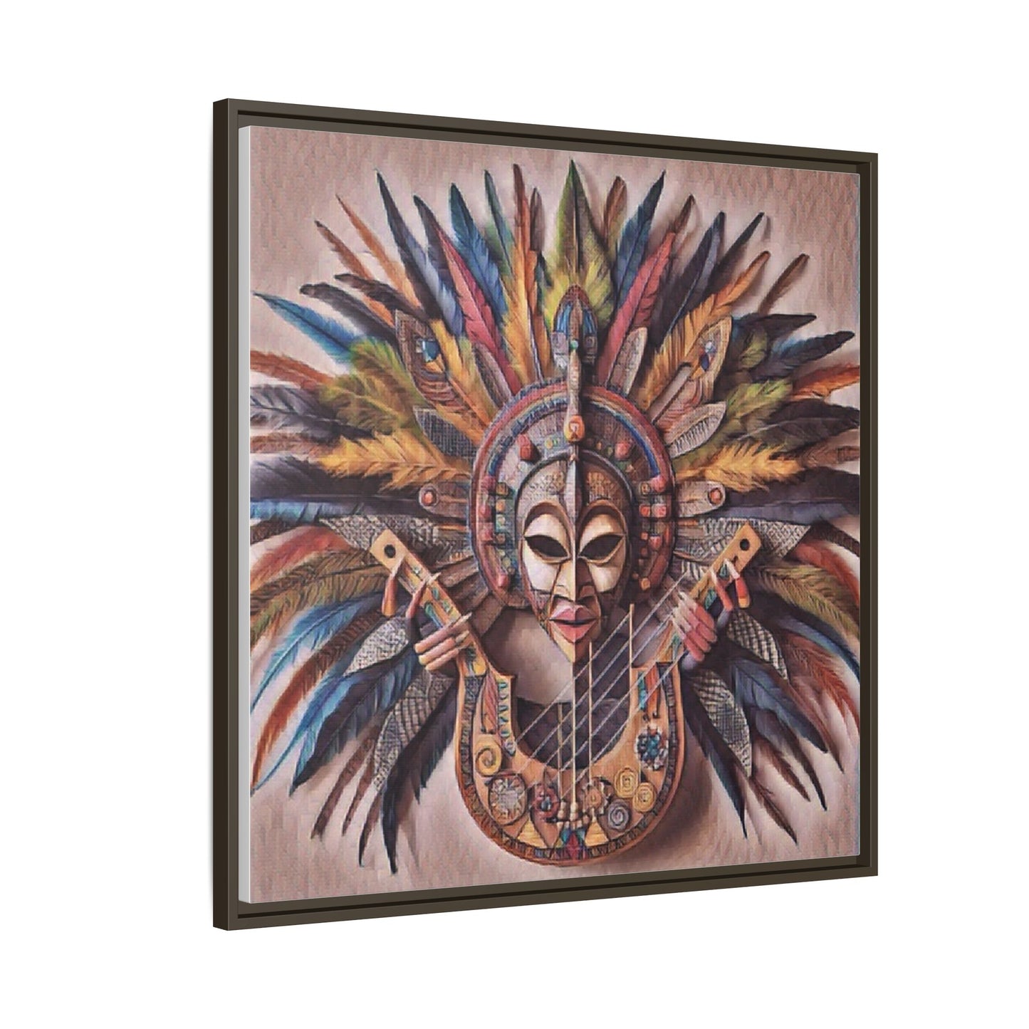 Tribal Feather Mask Guitar Framed Canvas Art — Colorful Boho Wall Decor