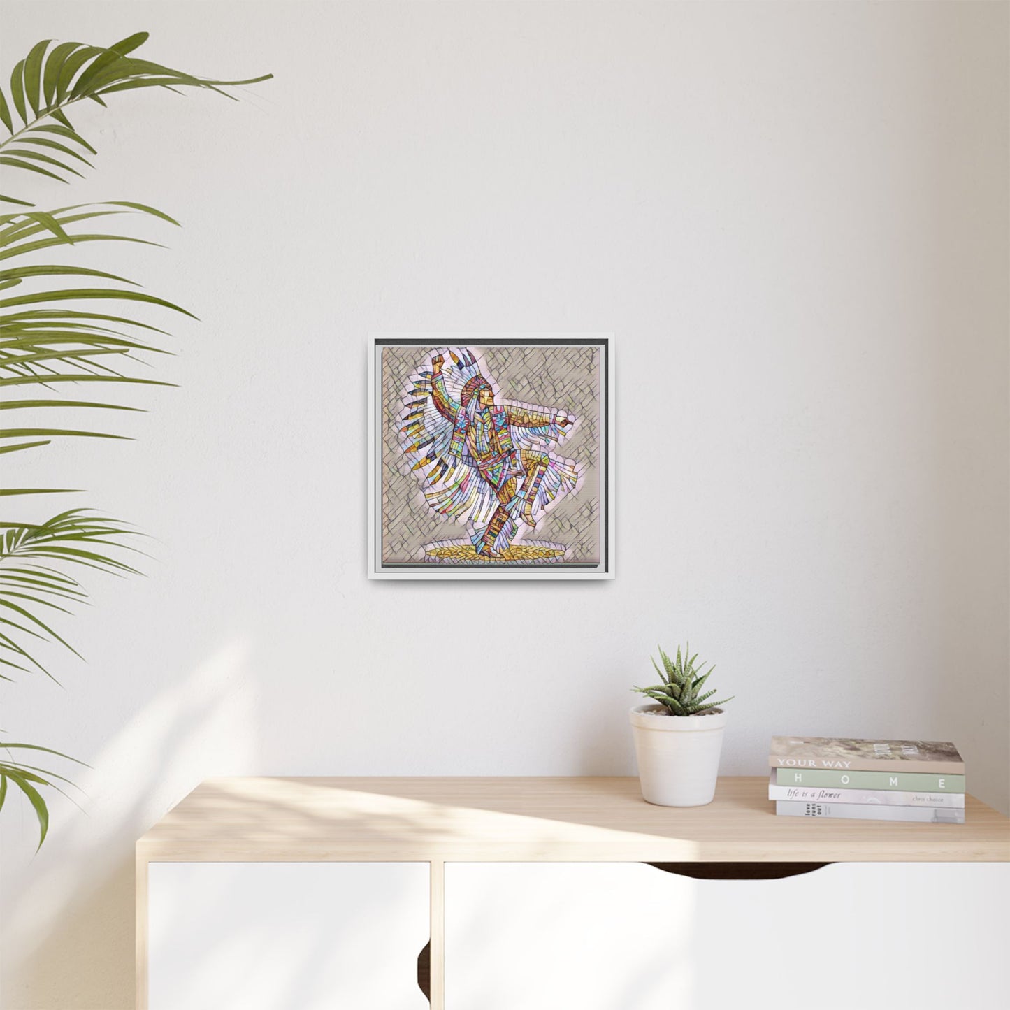 Colorful Native Dancer Framed Canvas Art — Stained Glass Style Wall Decor