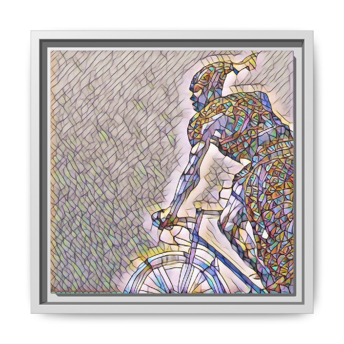 Cyclist Mosaic Matte Canvas Print — Framed Multicolor Bike Art