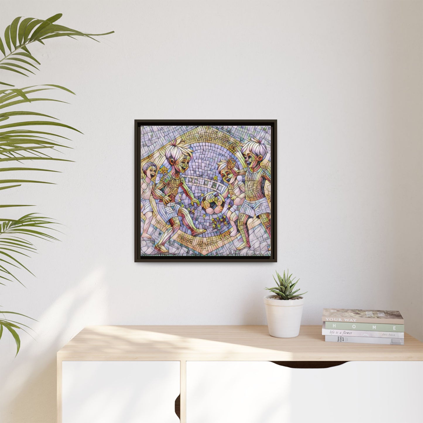 Framed Matte Canvas – Vintage Mosaic Kids Playing Soccer Art