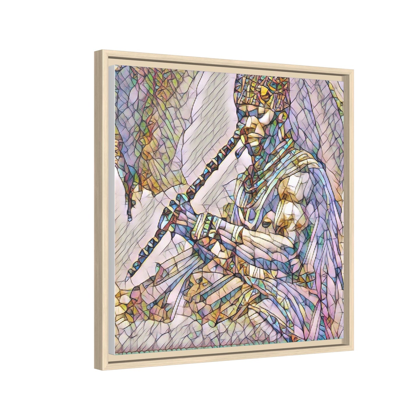 Tribal Flute Musician Stained-Glass Framed Canvas Art
