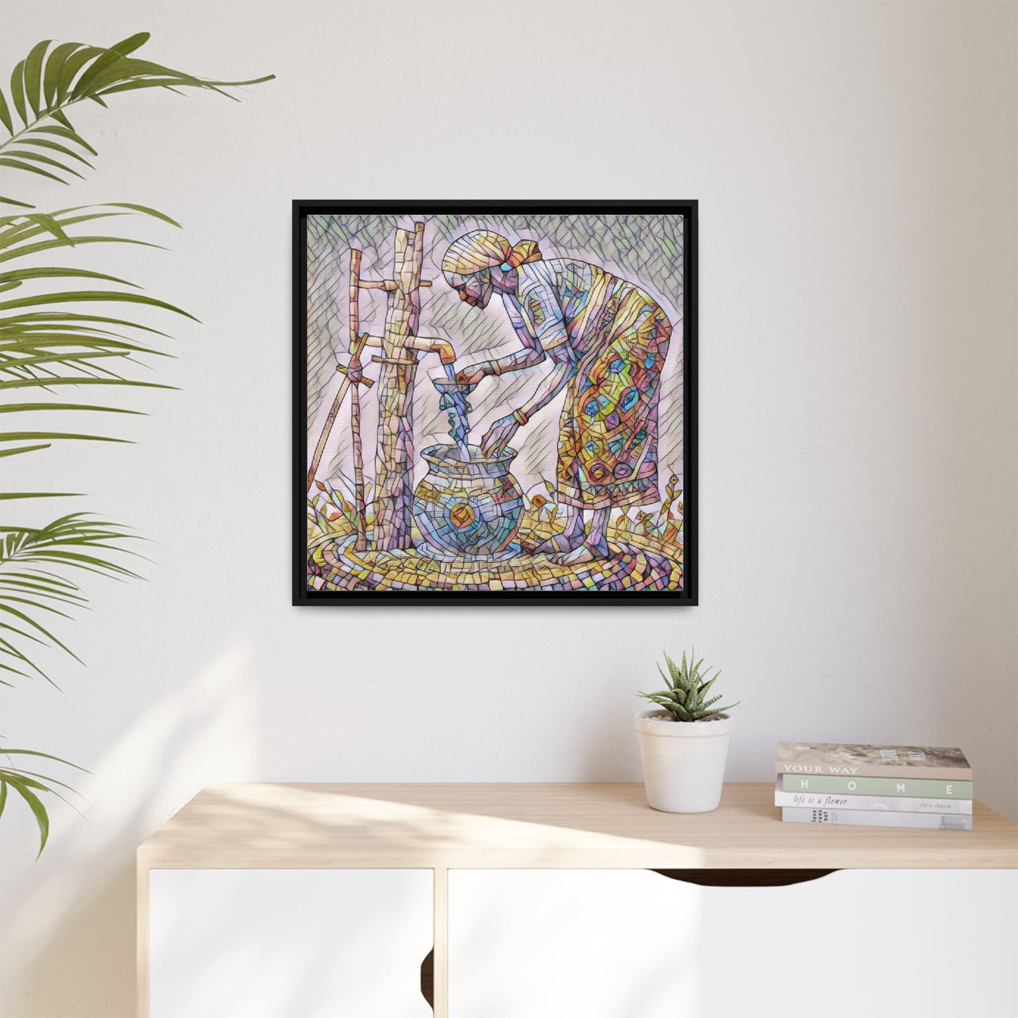 Framed Matte Canvas Art — Colorful Mosaic Woman at Well