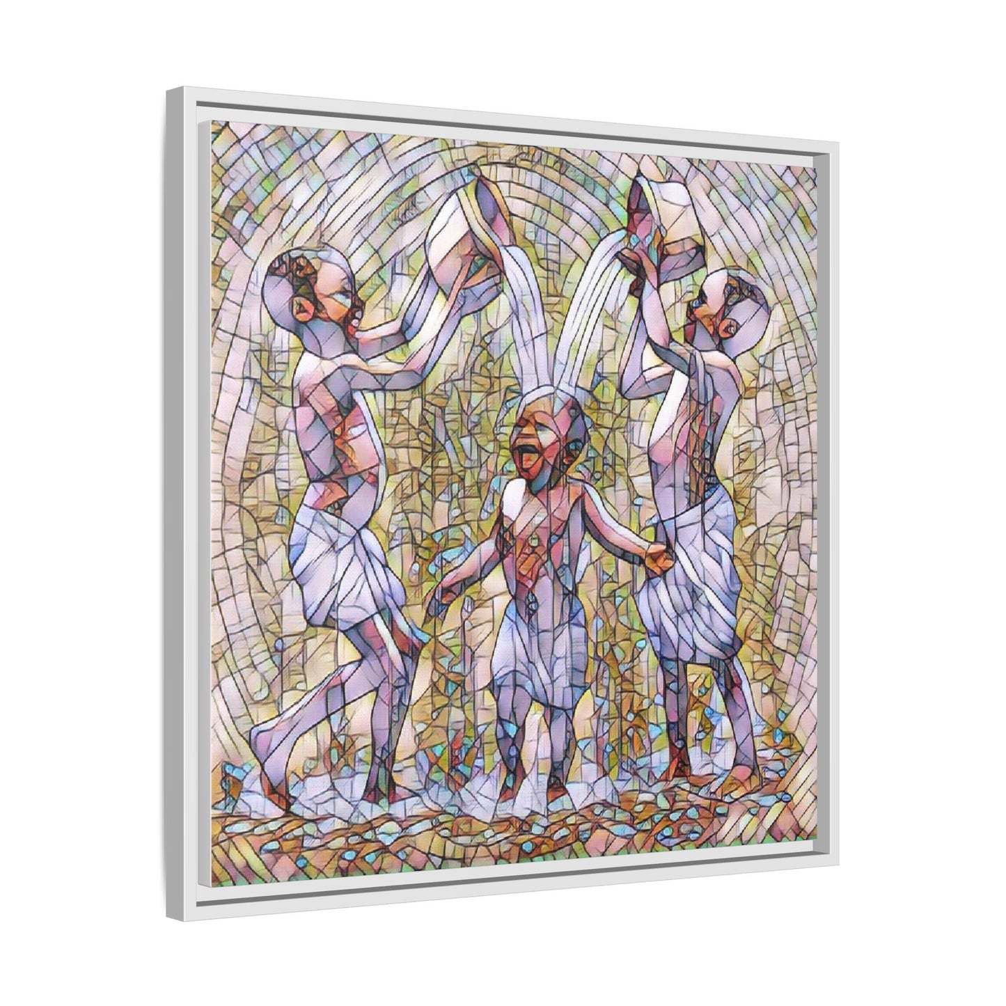 Framed Matte Canvas Art – Joyful Water Dance Family Stained-Glass Print