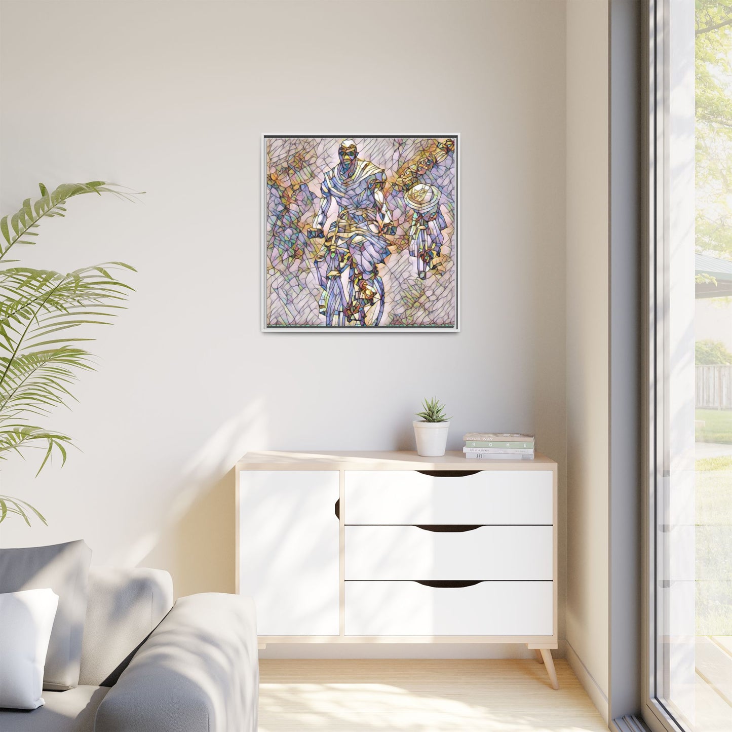 Framed Matte Canvas — Abstract Cyclist Artwork (Multi‑Color)