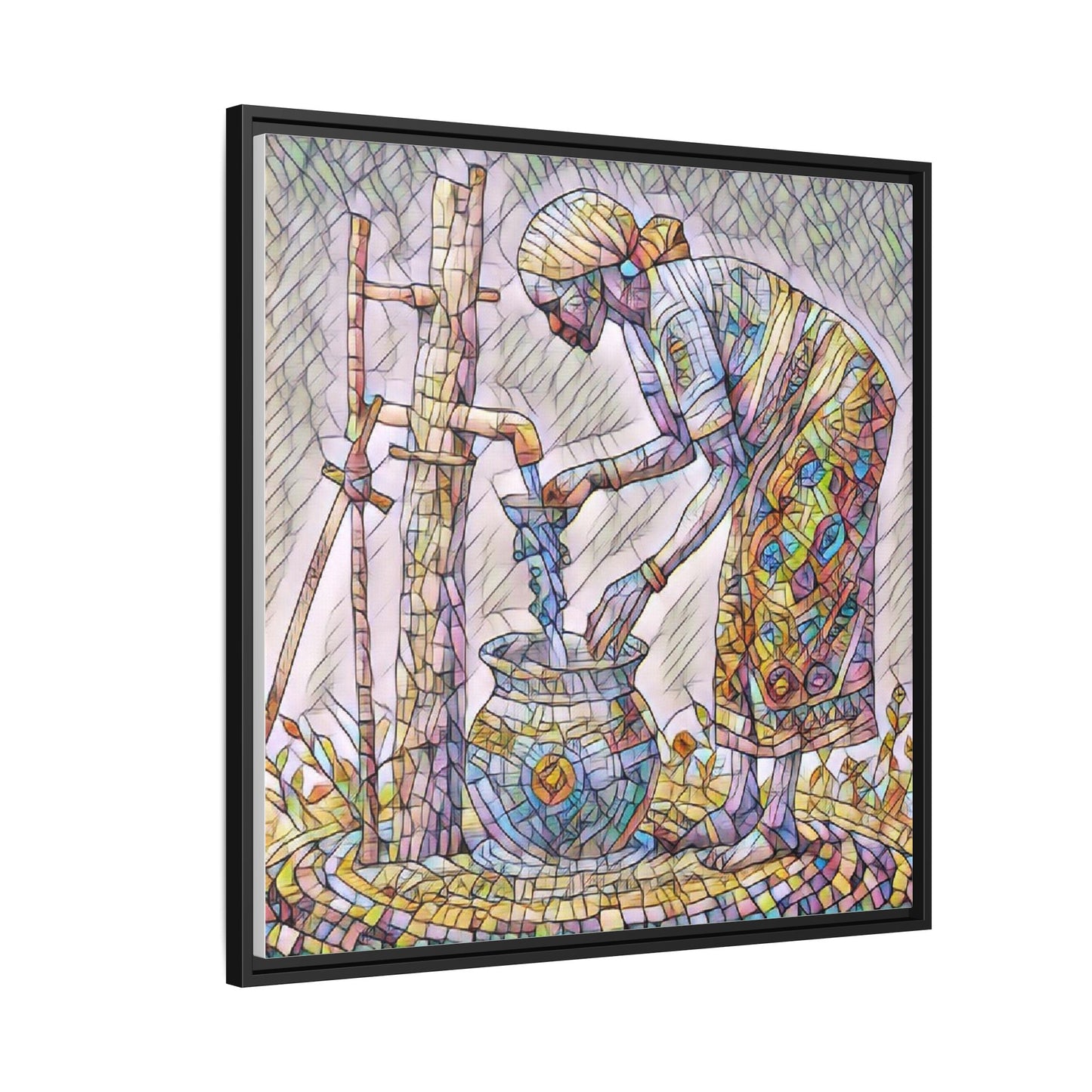 Framed Matte Canvas Art — Colorful Mosaic Woman at Well