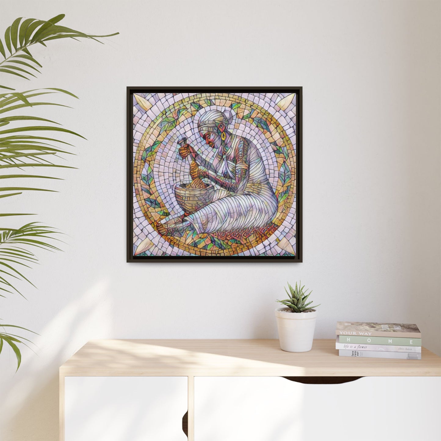Framed Mosaic Art Print — Woman Grinding Grain (Matte Canvas)