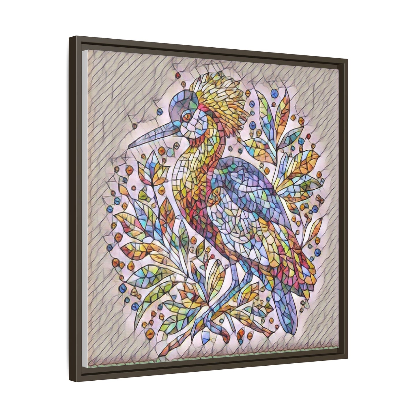 Colorful Stained-Glass Heron — Framed Matte Canvas Wall Art