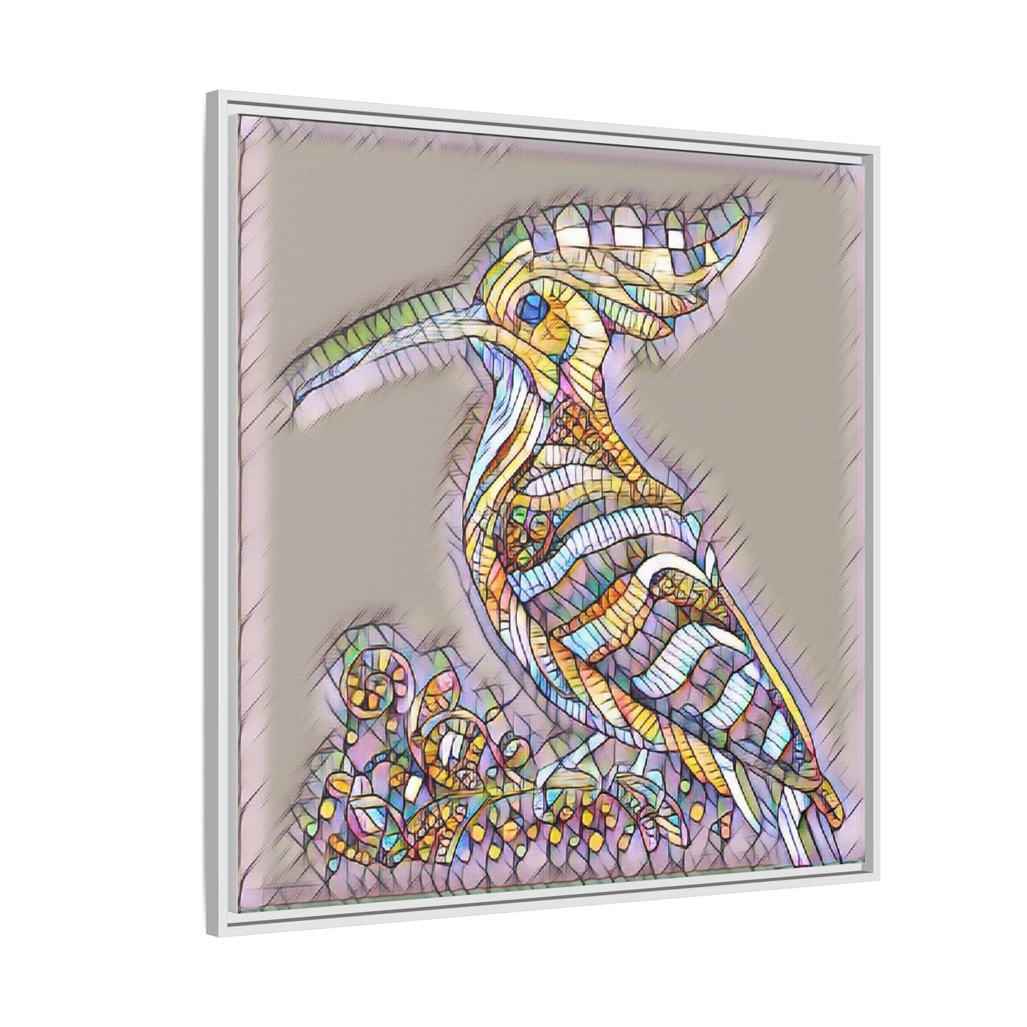 Colorful Mosaic Bird Framed Canvas Art — Whimsical Hoopoe Wall Decor