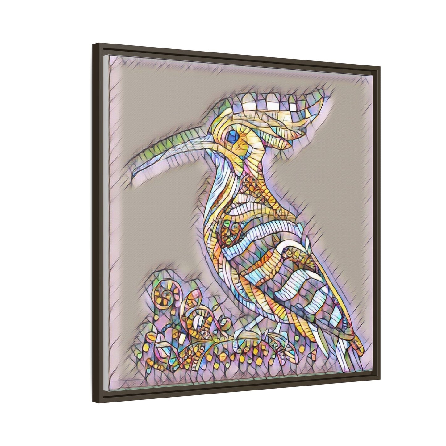 Colorful Mosaic Bird Framed Canvas Art — Whimsical Hoopoe Wall Decor