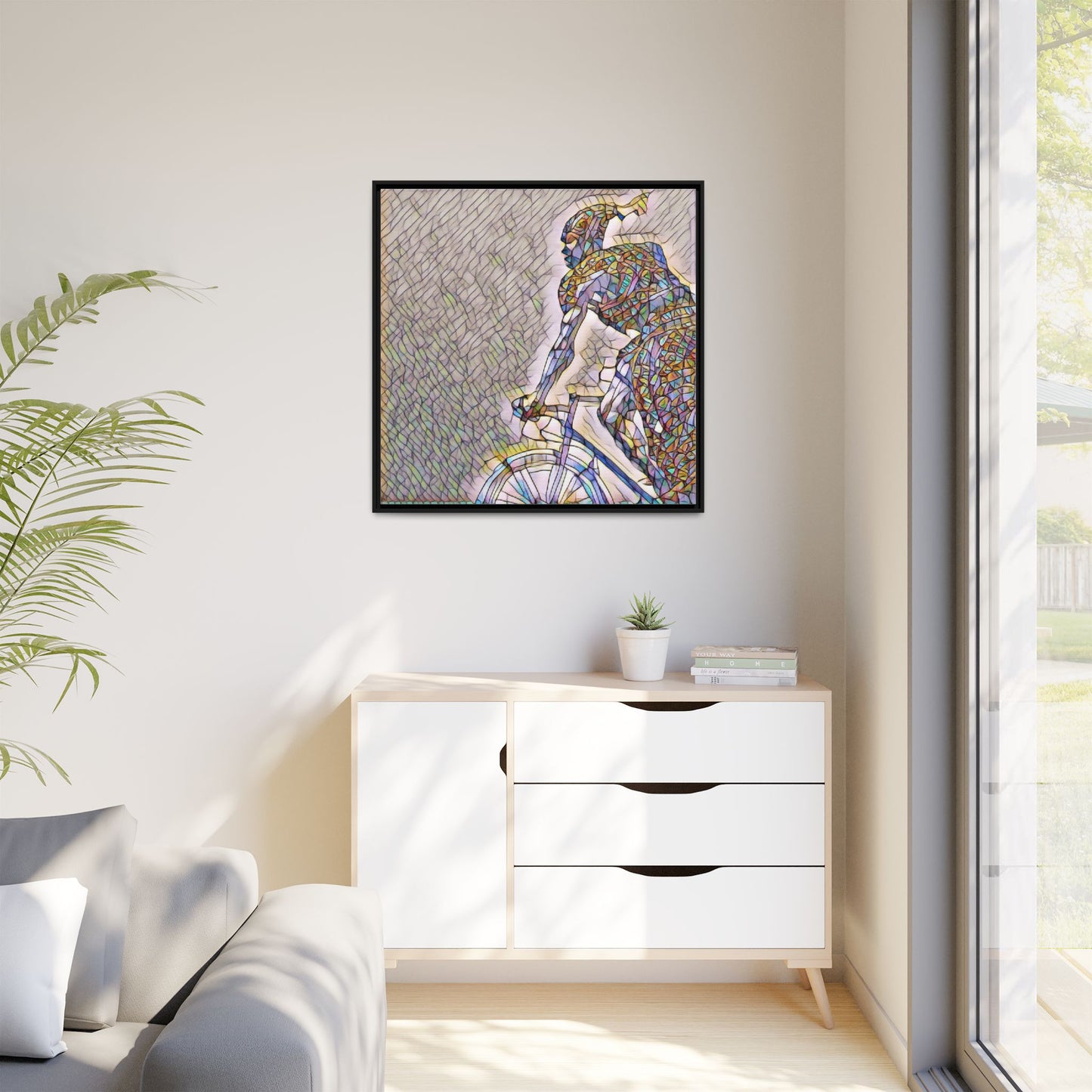 Cyclist Mosaic Matte Canvas Print — Framed Multicolor Bike Art