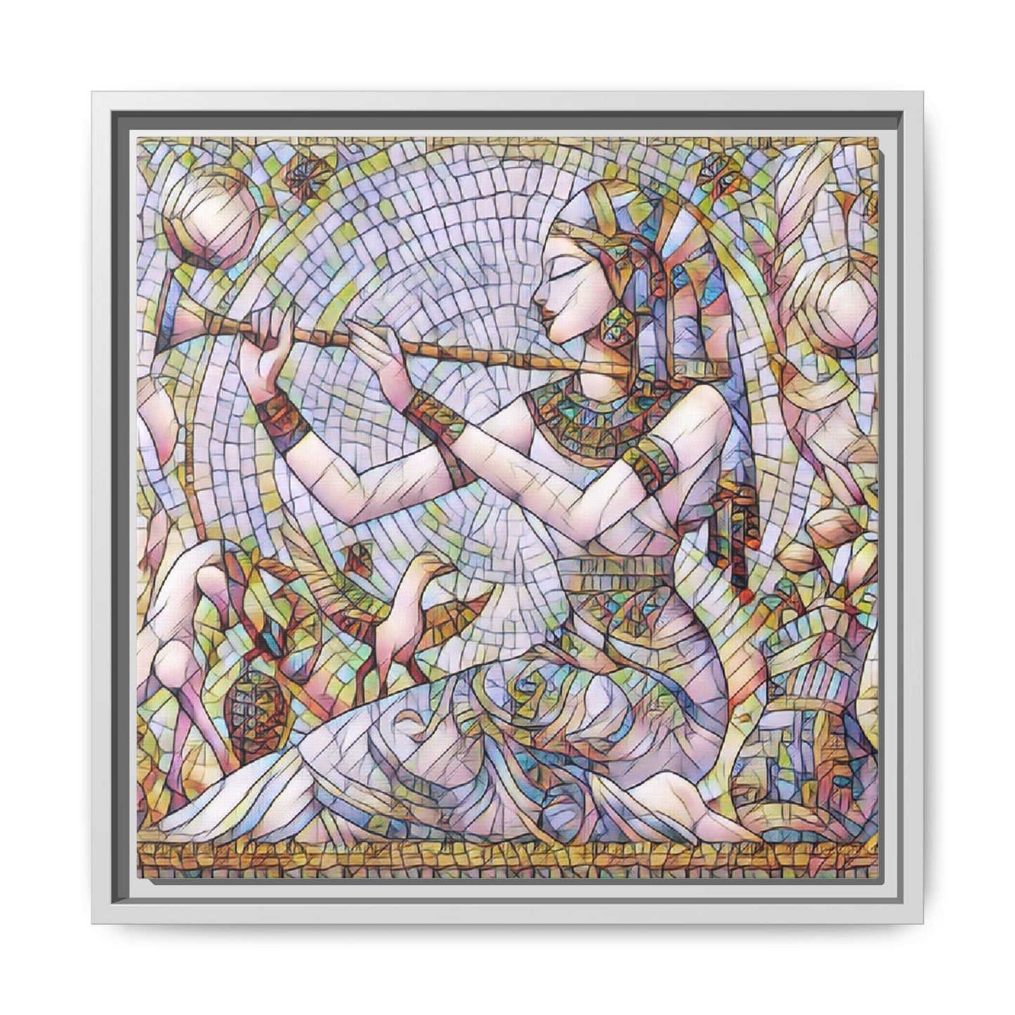 Egyptian Flute Player Framed Canvas Art — Colorful Mosaic Wall Decor