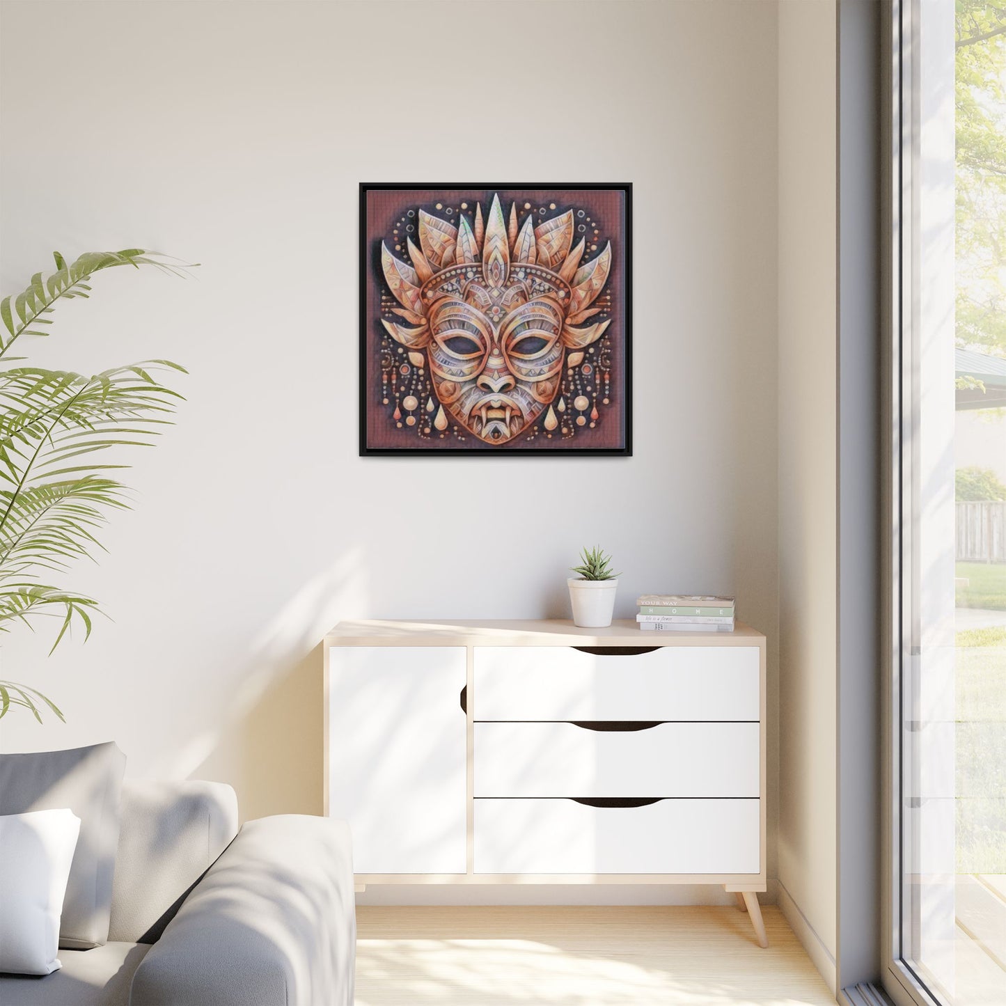 Tribal Sun Mask Framed Canvas Art — Boho Ethnic Wall Decor