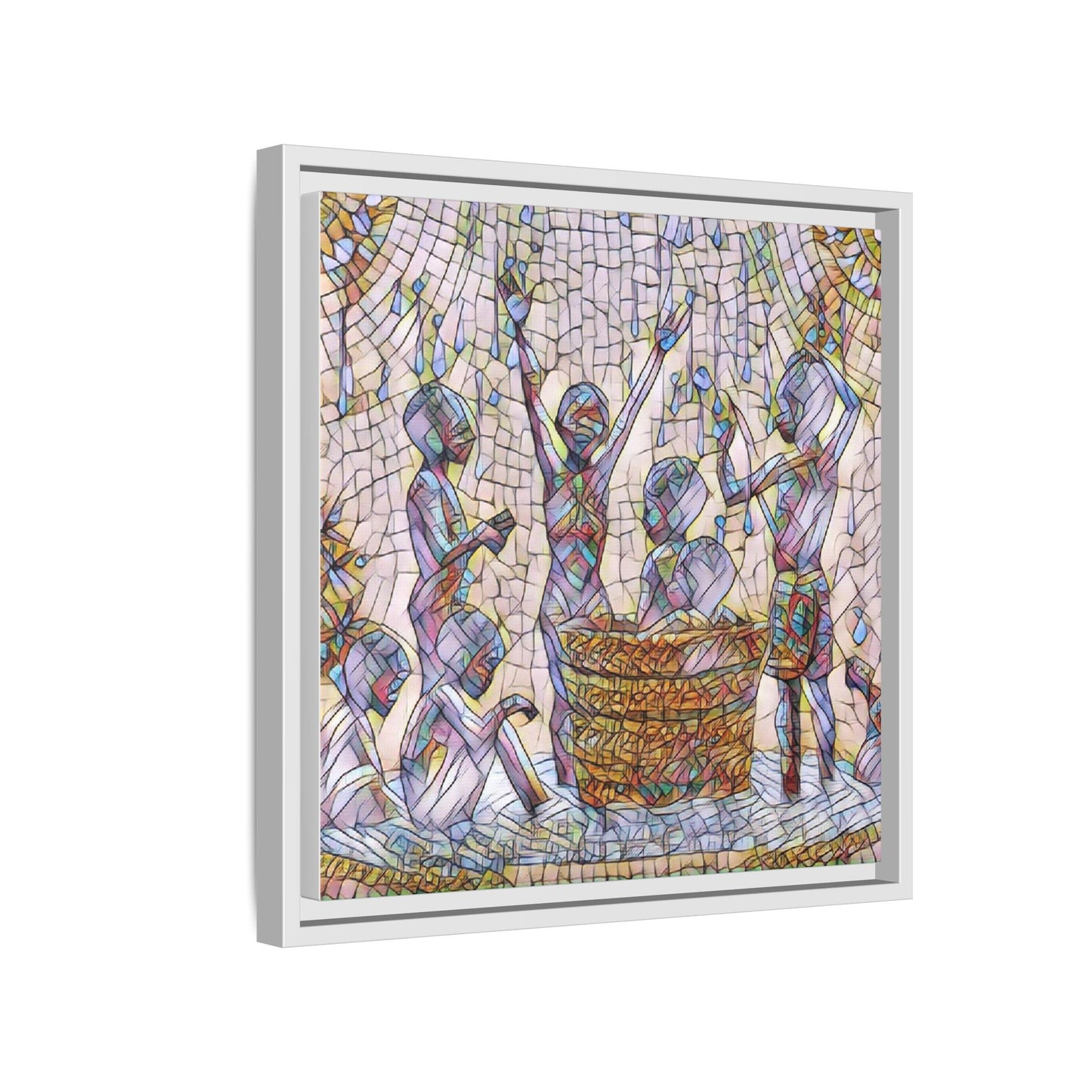 Framed Matte Canvas Art — Children Playing Mosaic Illustration