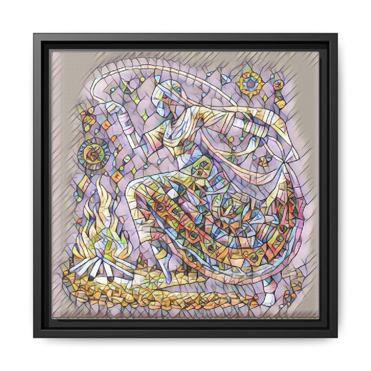 Stained Glass Style Framed Canvas — Mystic Figure by Campfire