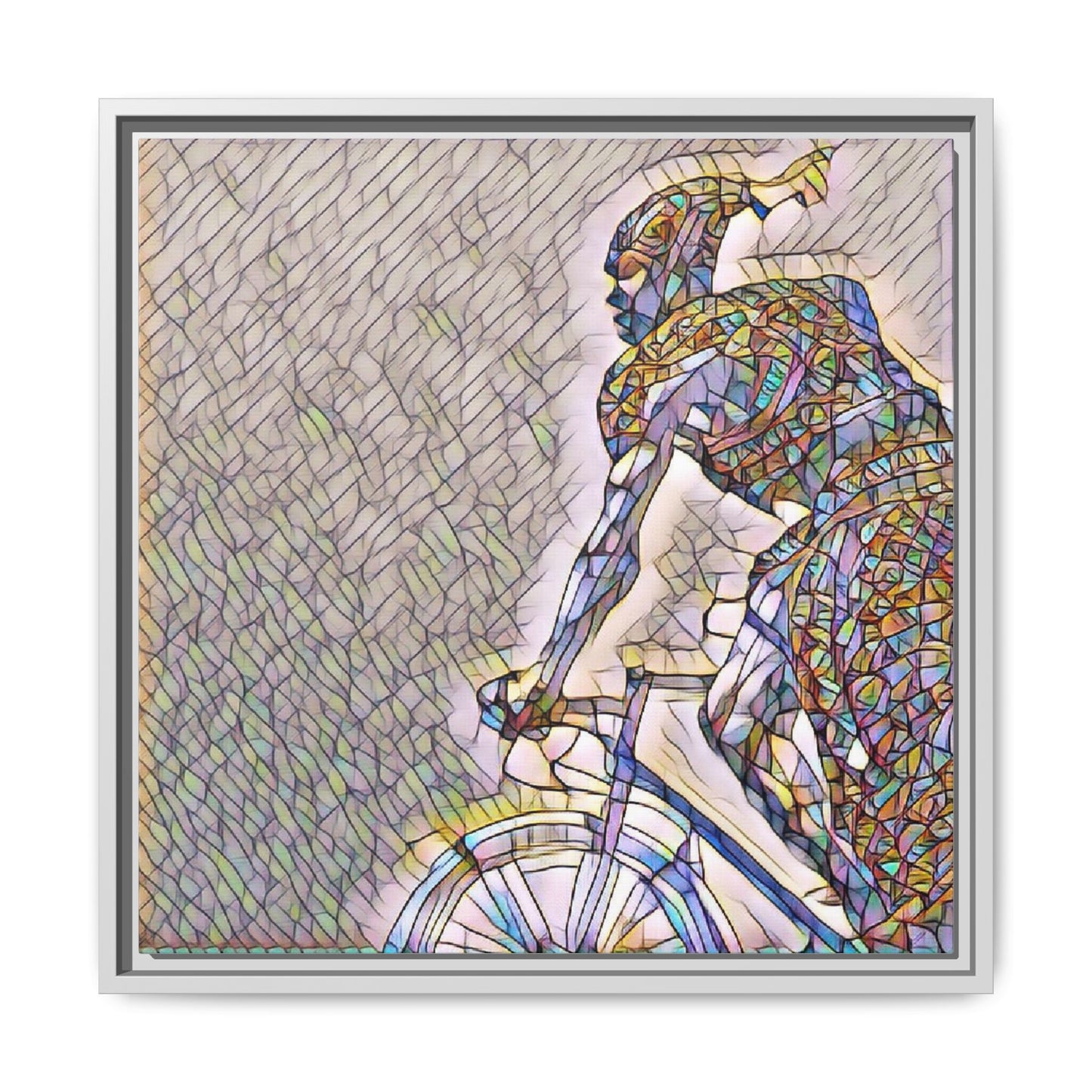 Cyclist Mosaic Matte Canvas Print — Framed Multicolor Bike Art