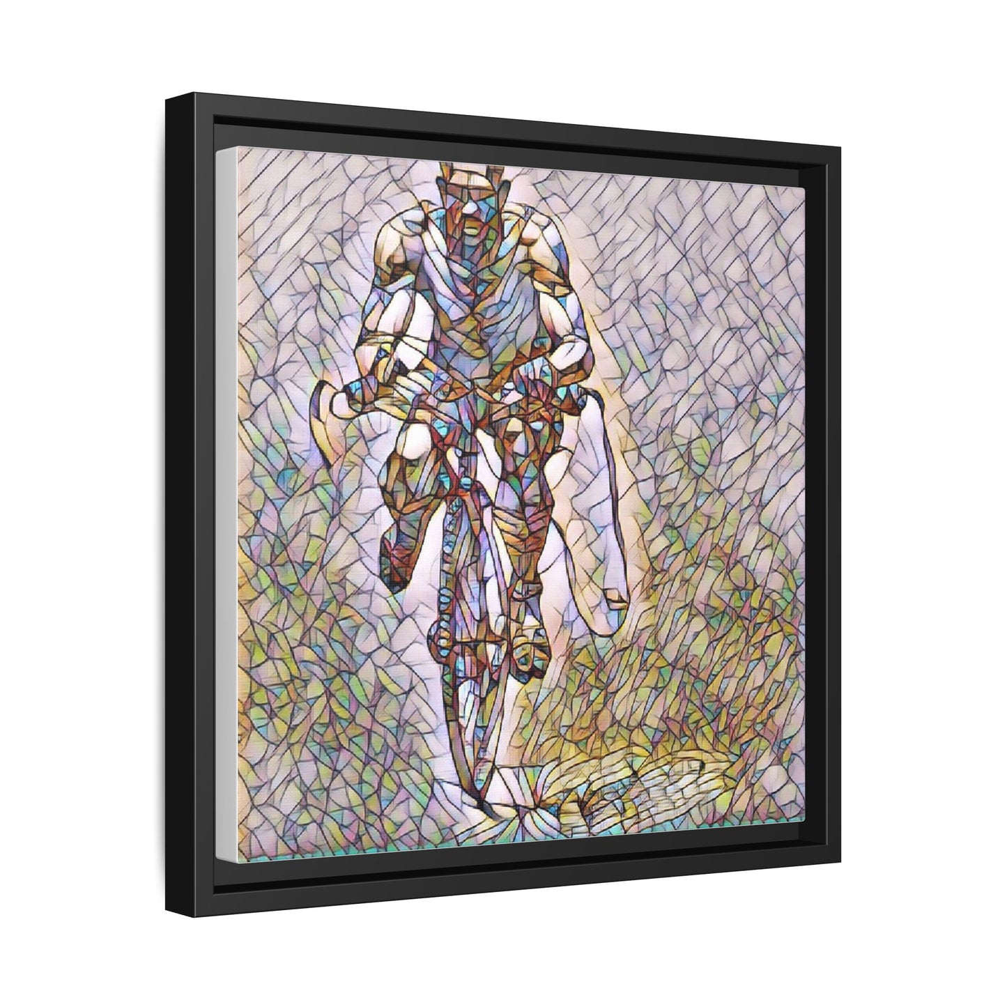 Cyclist Art Print — Framed Matte Canvas Wall Art (Multicolor Stained-Glass Style)
