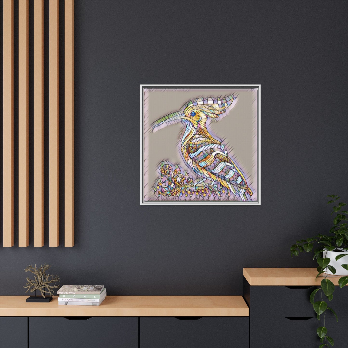 Colorful Mosaic Bird Framed Canvas Art — Whimsical Hoopoe Wall Decor