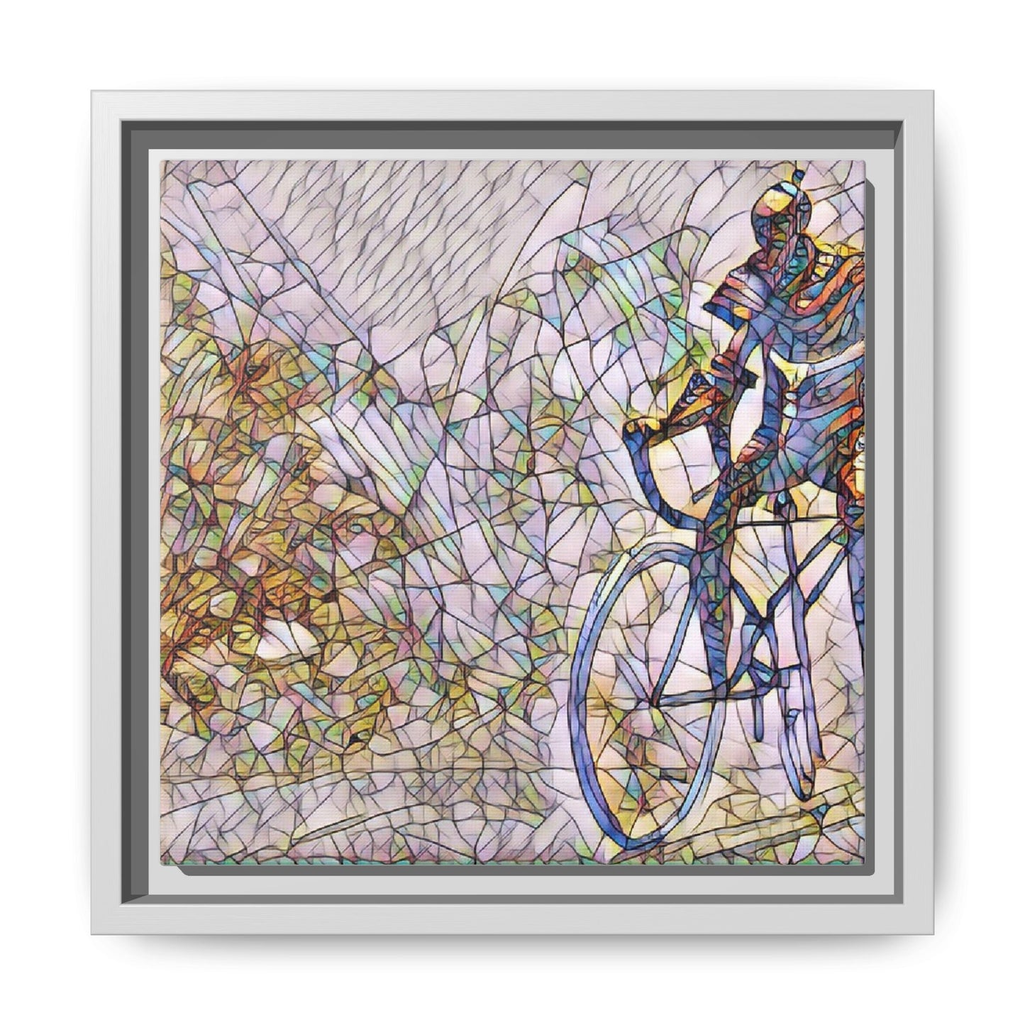 Colorful Cyclist Stained-Glass Art — Framed Matte Canvas