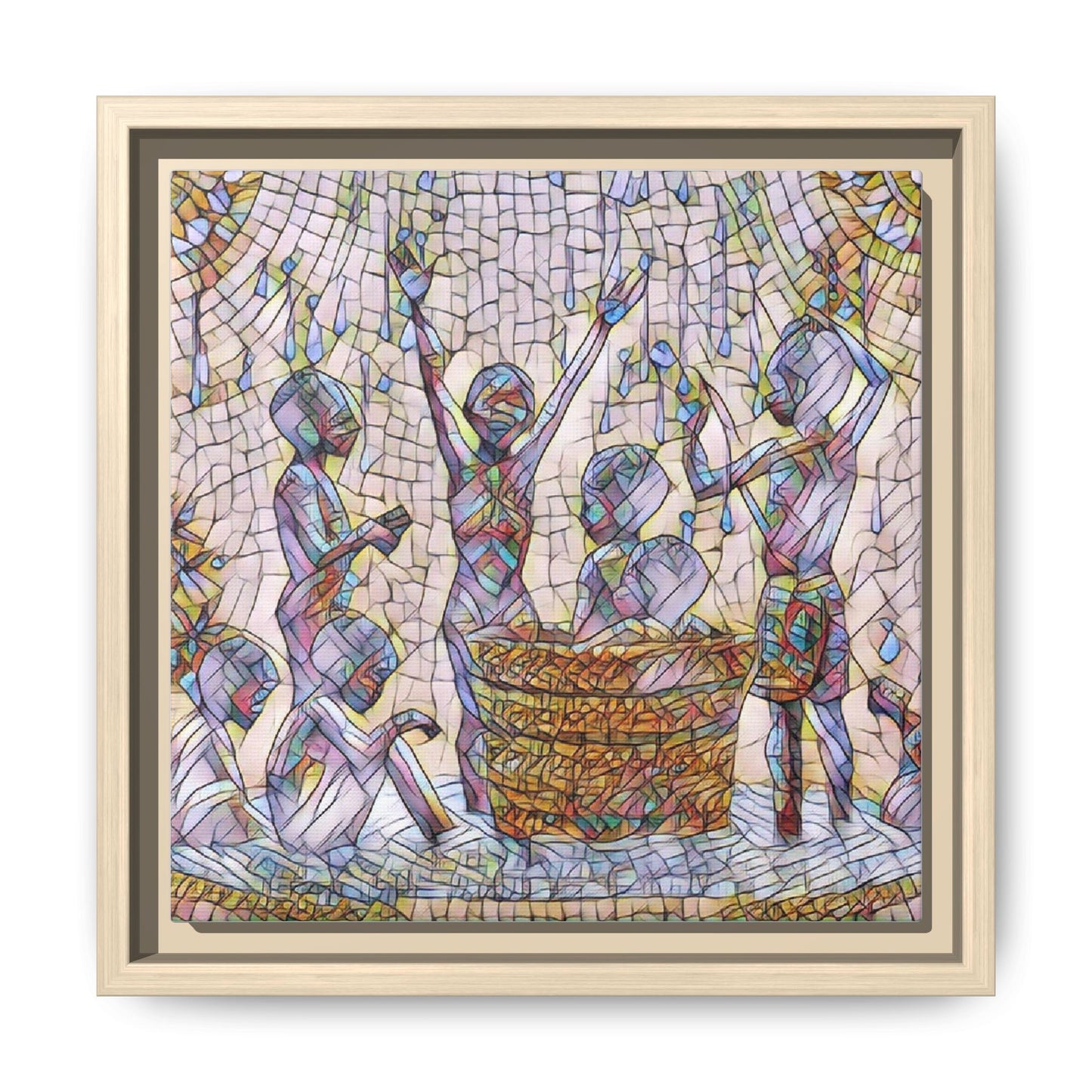 Framed Matte Canvas Art — Children Playing Mosaic Illustration