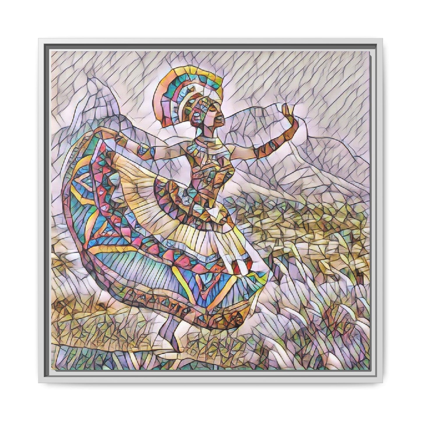 Ballerina Mosaic Framed Canvas Print — Colorful Ethnic Dance Wall Art