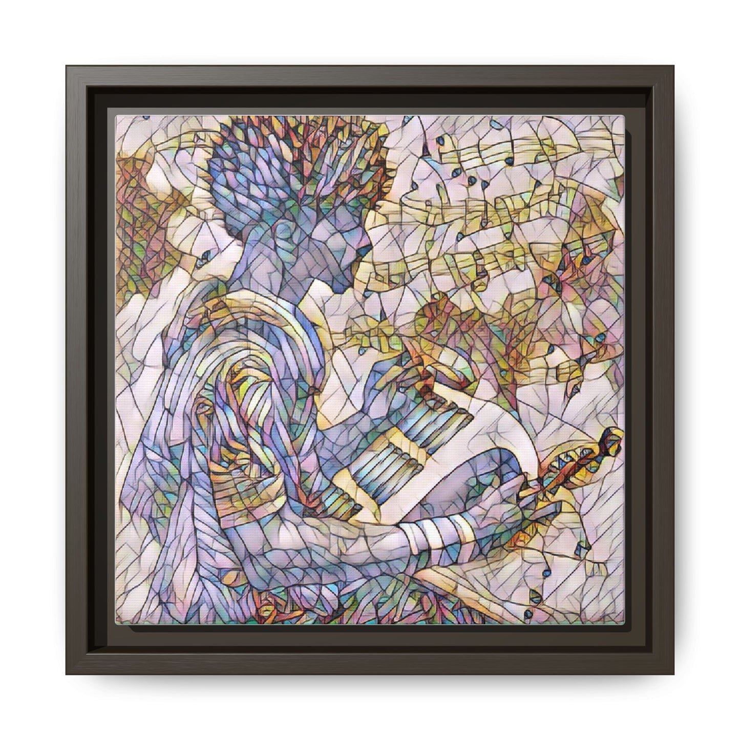 Abstract Jazz Musician Framed Canvas Art — Colorful Stained-Glass Style Wall Decor